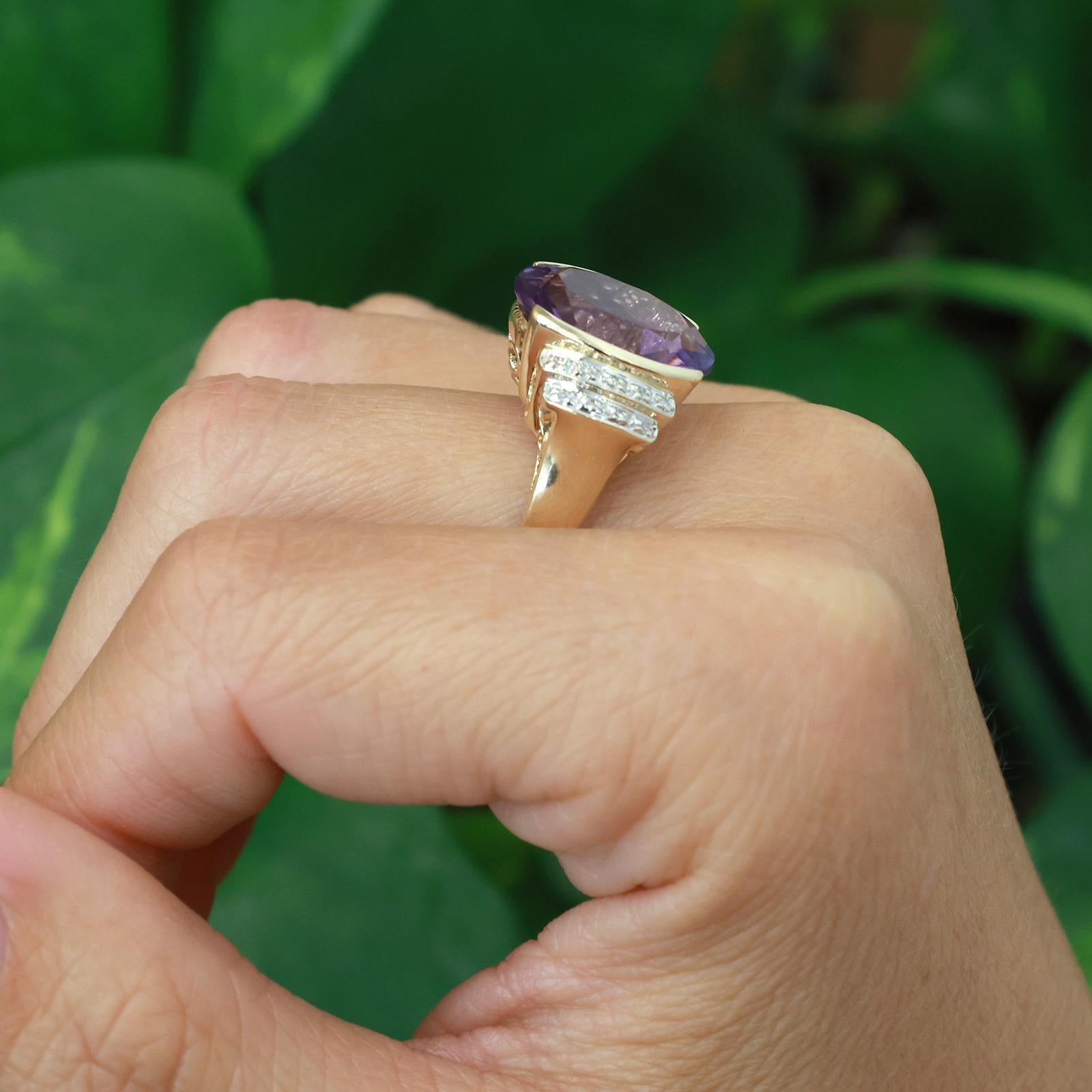 14K Two Tone Gold 8.85CTW Oval Amethyst Diamond Cocktail Statement Ring 8.75