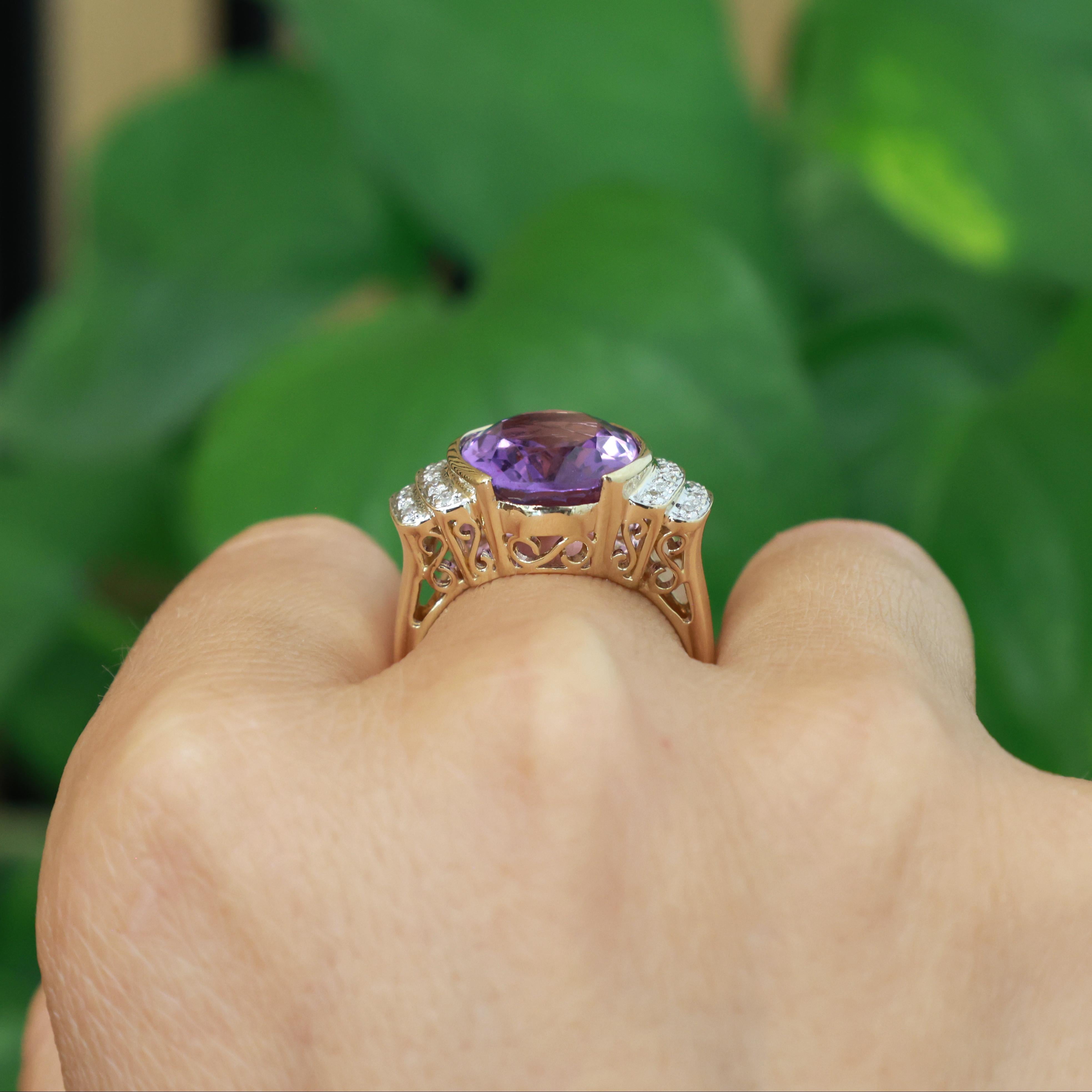 14K Two Tone Gold 8.85CTW Oval Amethyst Diamond Cocktail Statement Ring 8.75