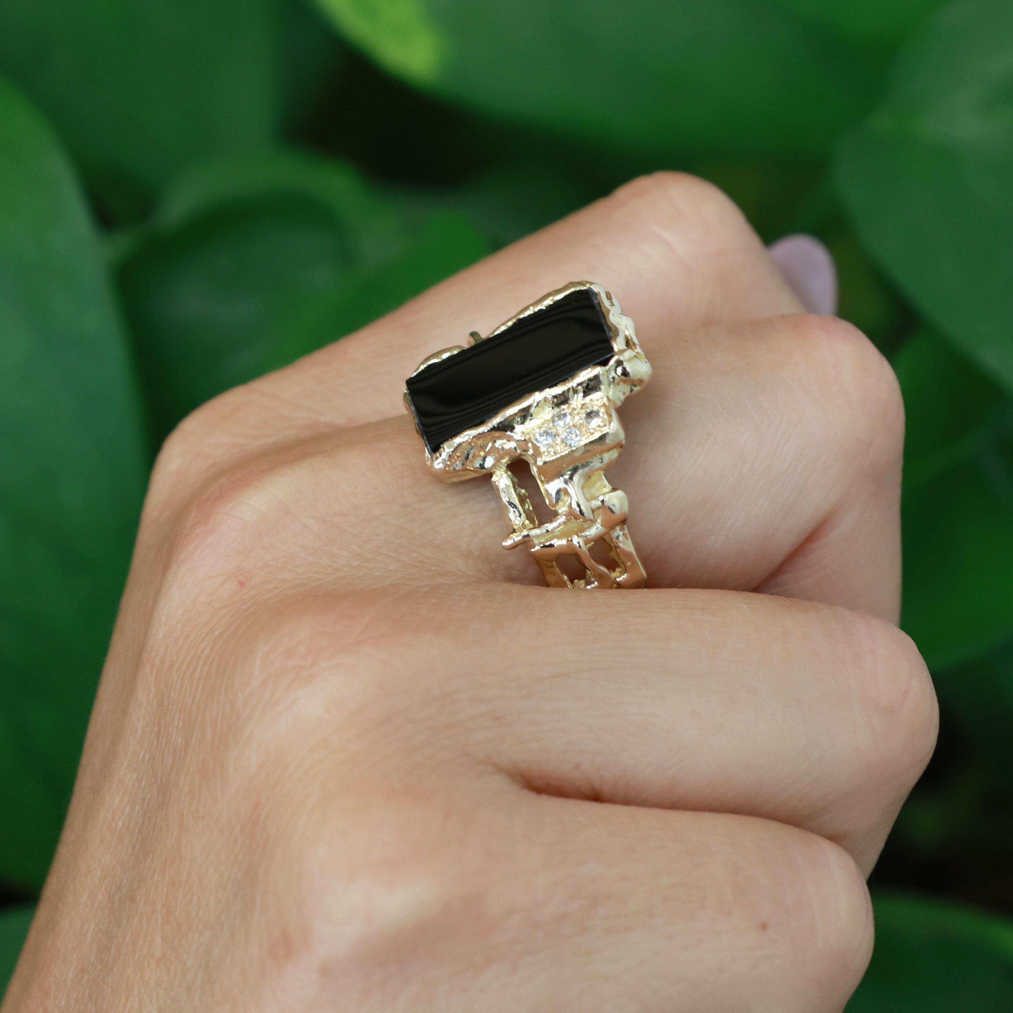 14K Yellow Gold Black Onyx Diamond Brutalist Ring Mens Estate Size 9.75