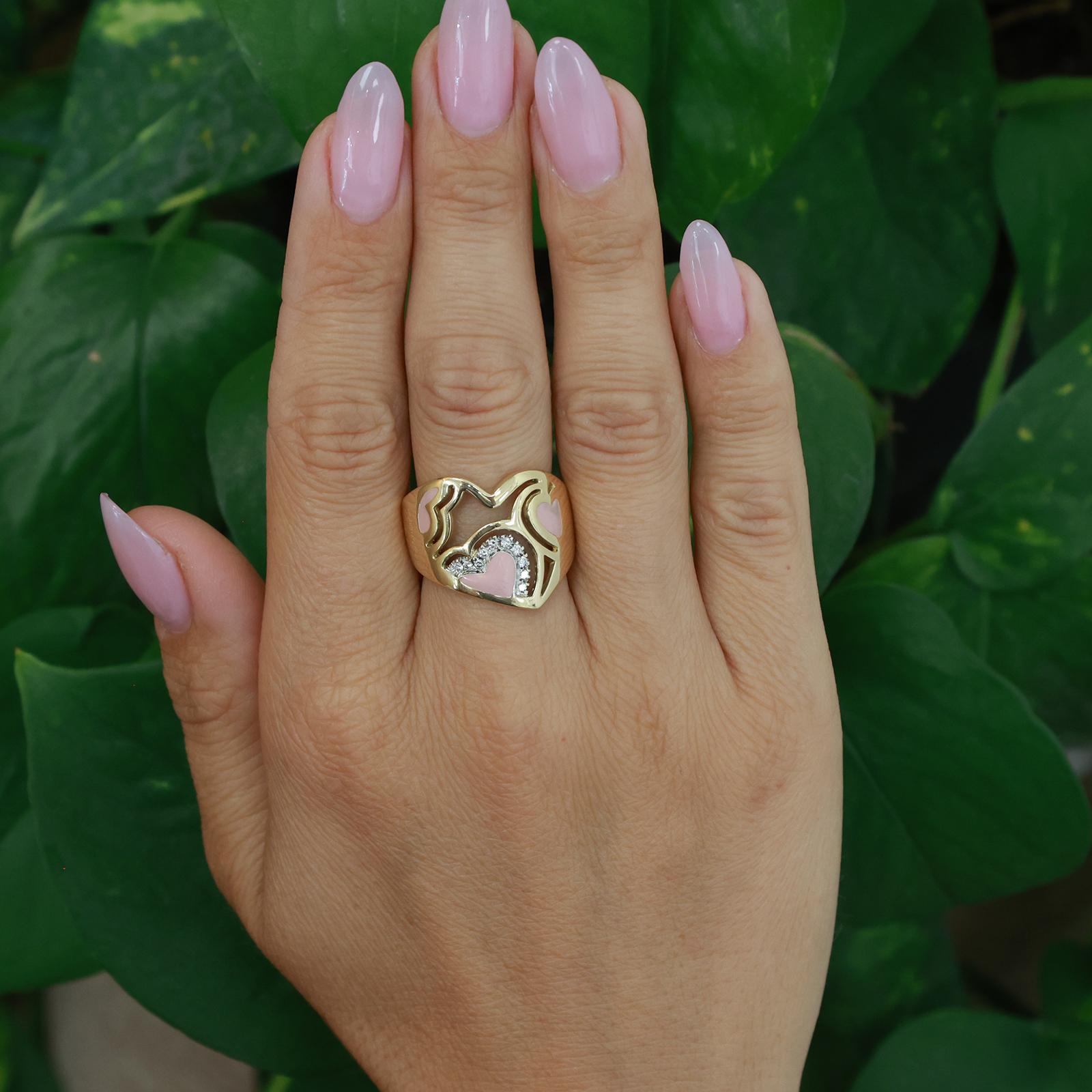 Roberto Coin 18K Yellow Gold Pink Enamel Heart Diamond Openwork Ring Italy 6.75