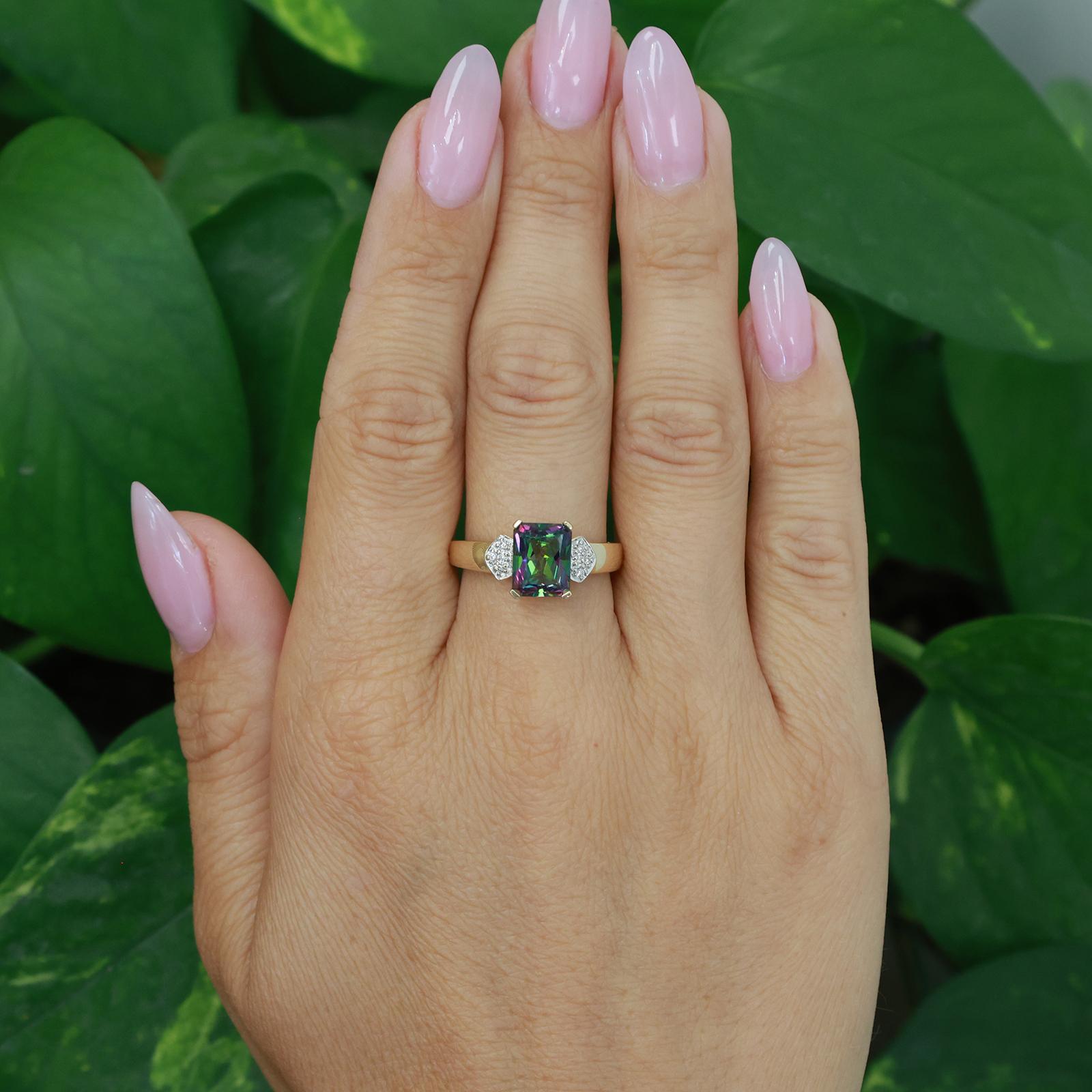 14K Two-Tone Gold 3.00CT Mystic Topaz Diamond Ring Size 9.25