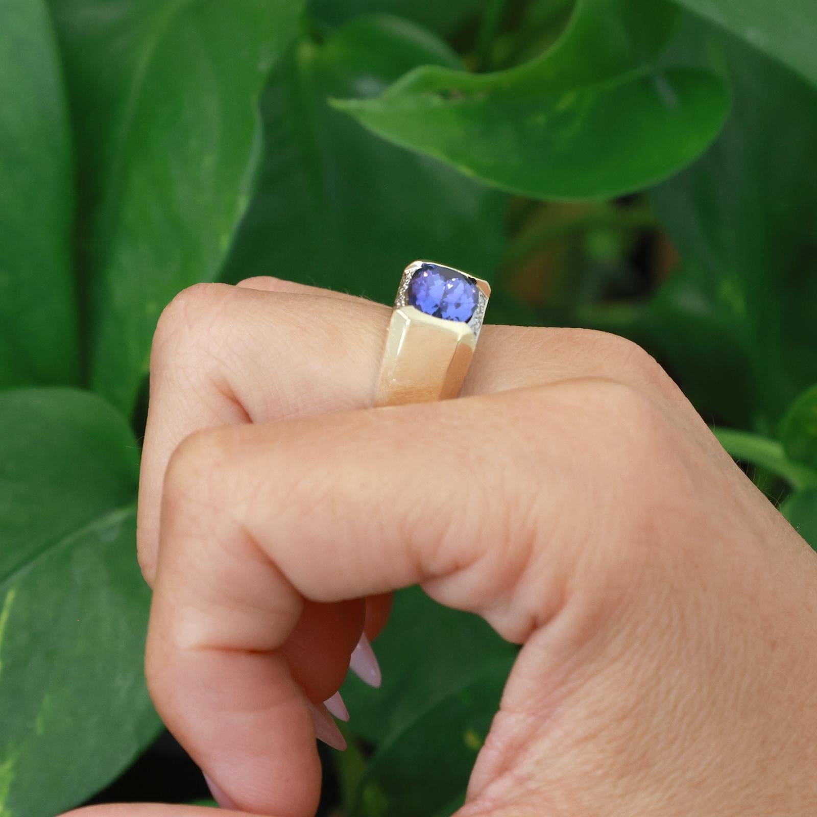 14K Yellow Gold 3.50CT Tanzanite Diamond Ring Cushion Cut Unisex Estate Sz 10.5