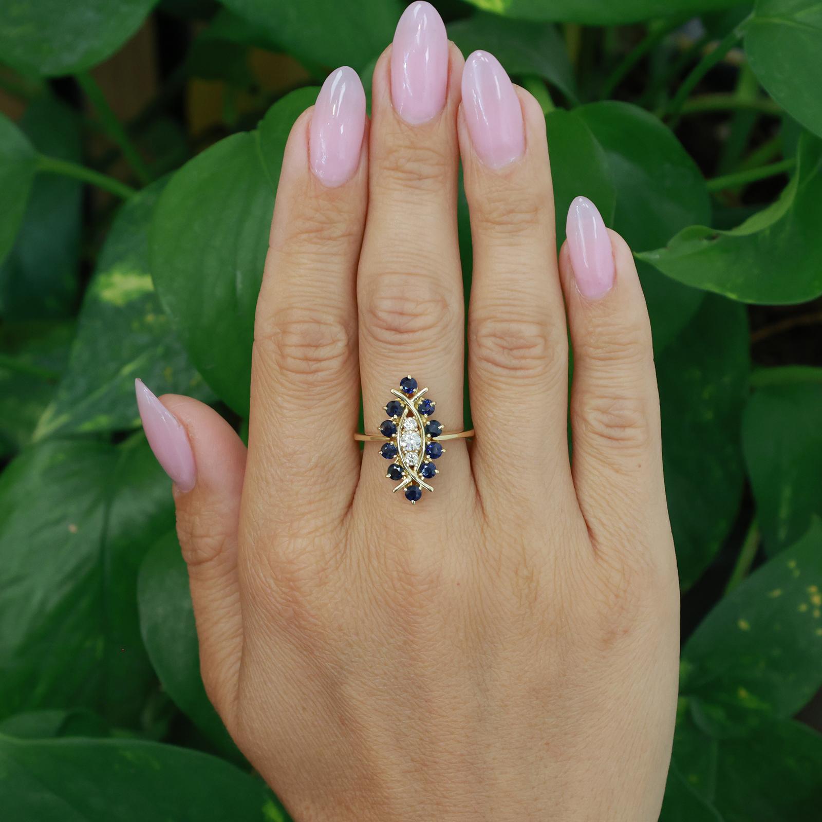 Yellow Gold Sapphire Diamond Marquise Cluster Ring 1.21CTW Estate Size 7.25