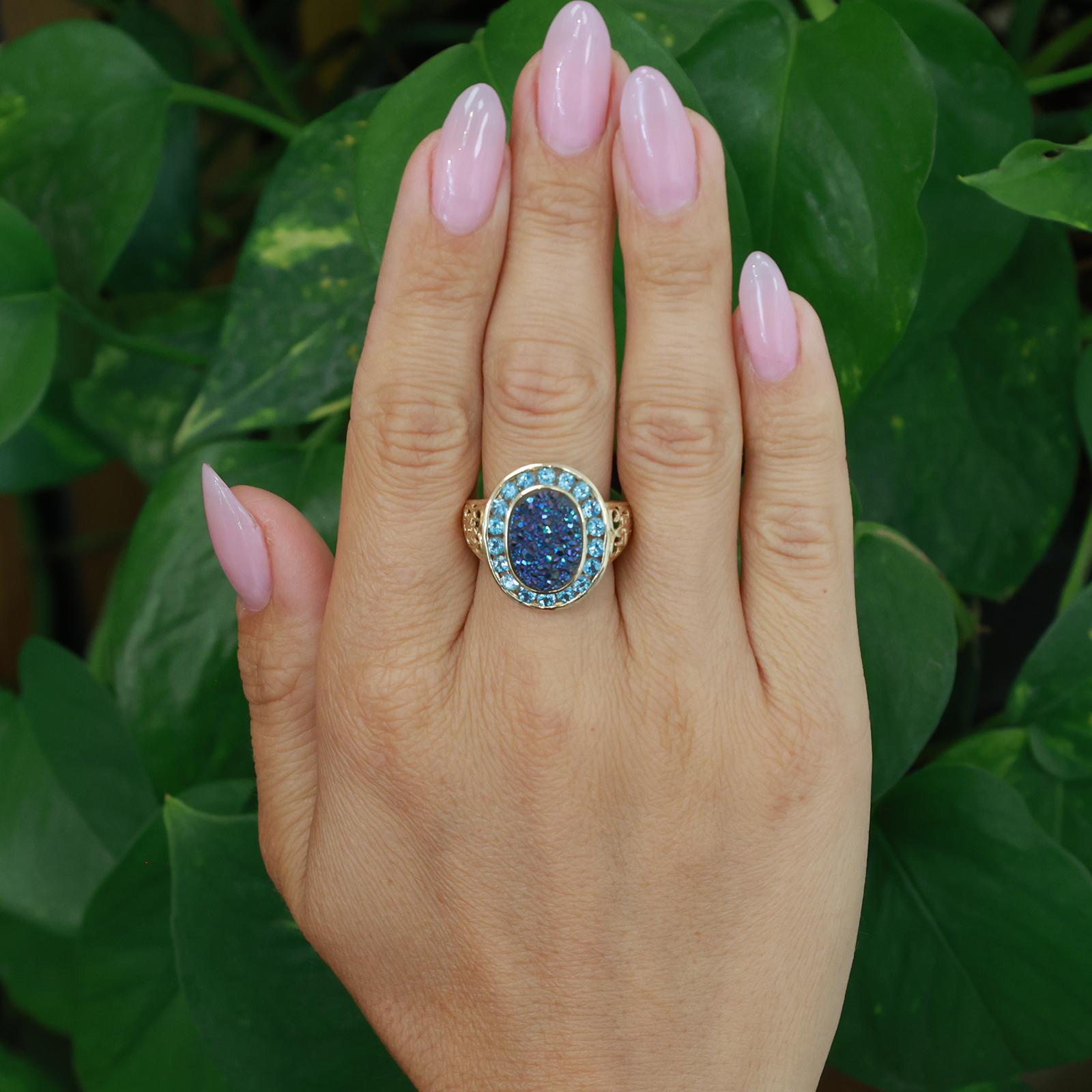 14K Yellow Gold Blue Druzy Agate And Blue Topaz Halo Ring Size 10.25 Estate