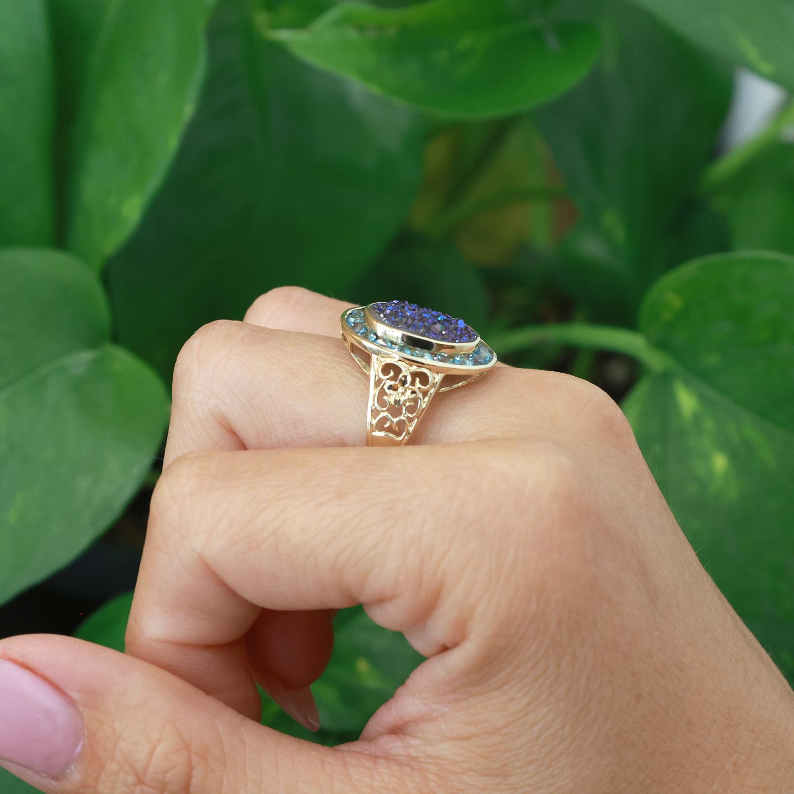14K Yellow Gold Blue Druzy Agate And Blue Topaz Halo Ring Size 10.25 Estate