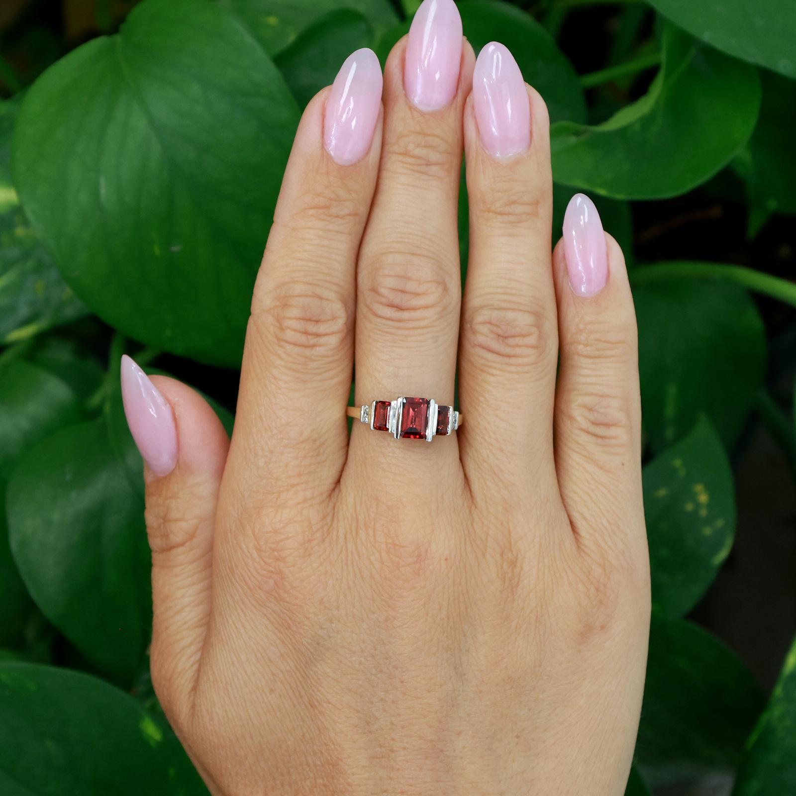 10K Two Tone Gold Emerald Cut Garnet Diamond Ring 3-Stone Garnet Ring Size 7.25