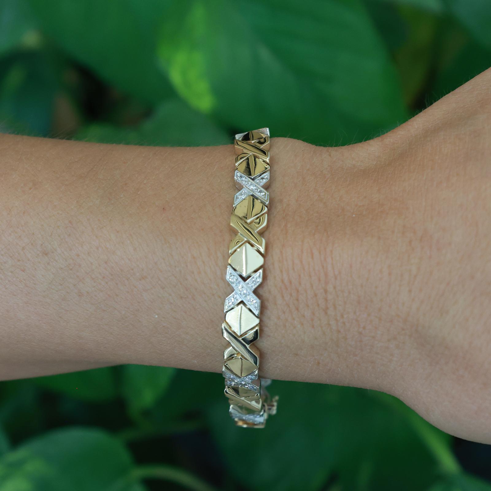 Two Tone Gold Diamond XO Link Tennis Bracelet 0.75CTW 7" Estate