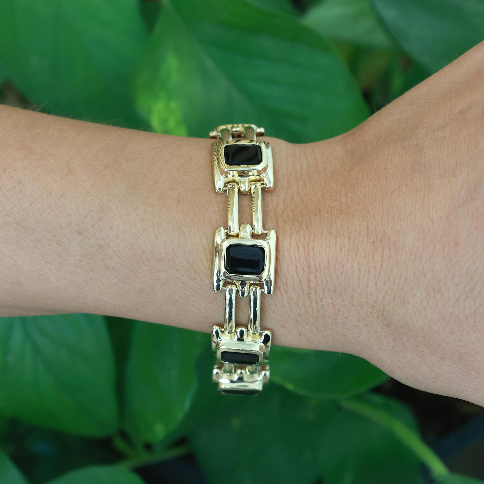Yellow Gold Black Onyx Link Bracelet 33.9g Heavy Unisex Estate 7.5"