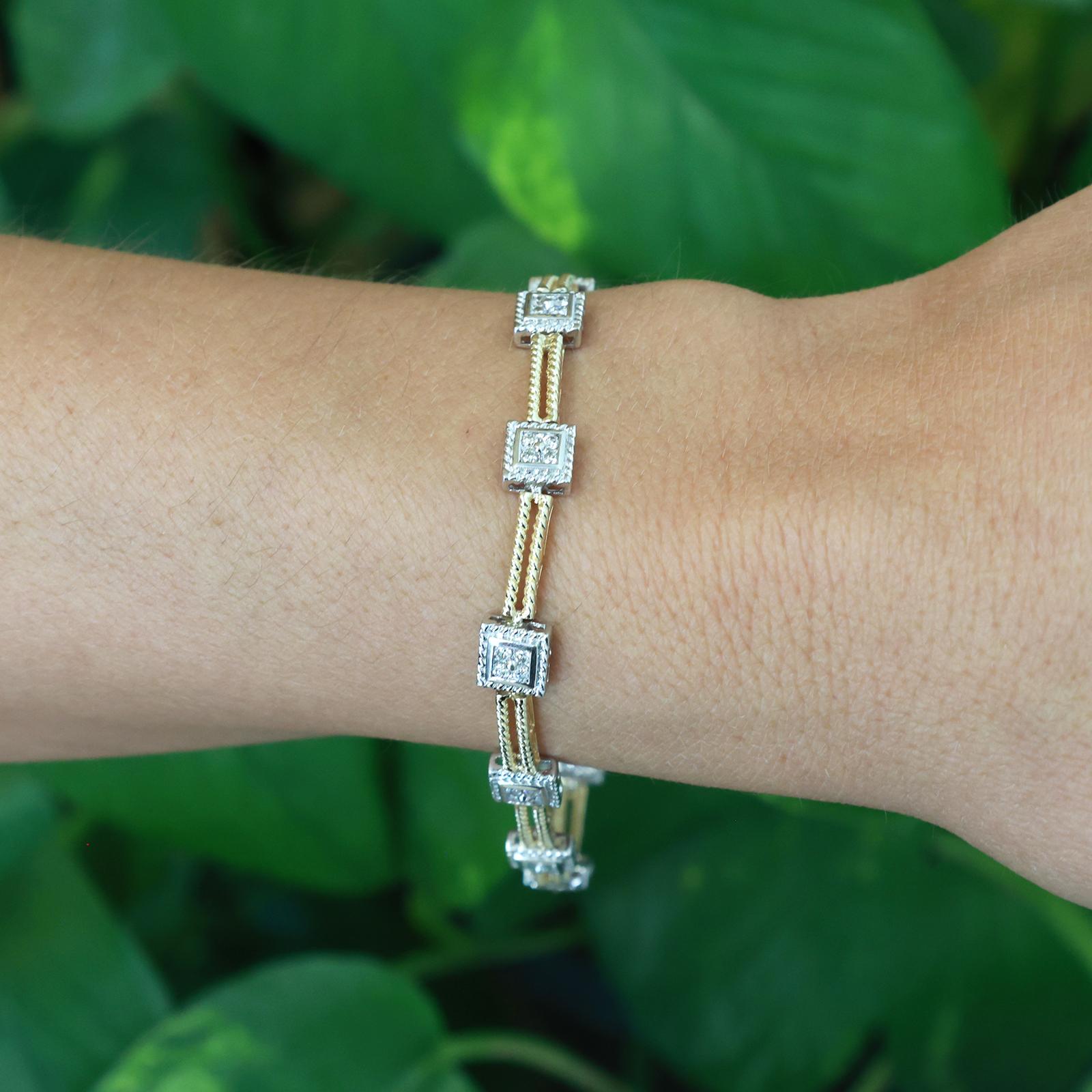 14K Two-Tone Gold 1.00ctw Diamond Station Rope Bracelet 6.75" Estate