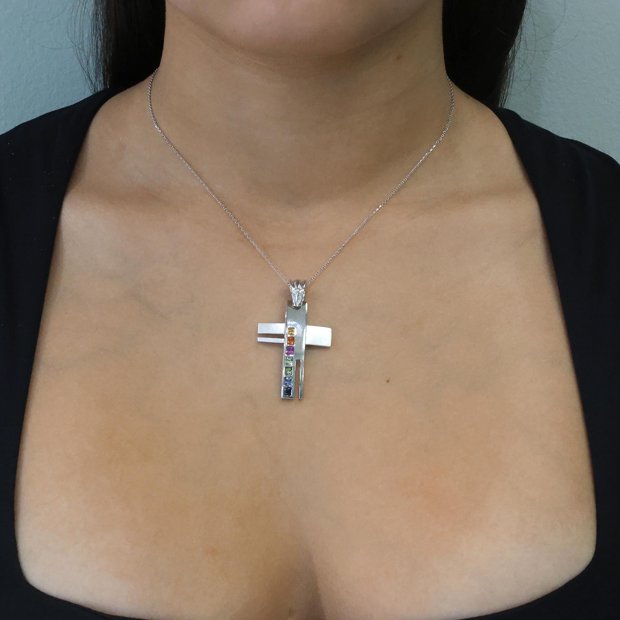 Religious Multi Colored Sapphire Cross Pendant 14K White Gold 1.40 CTW 1.75"