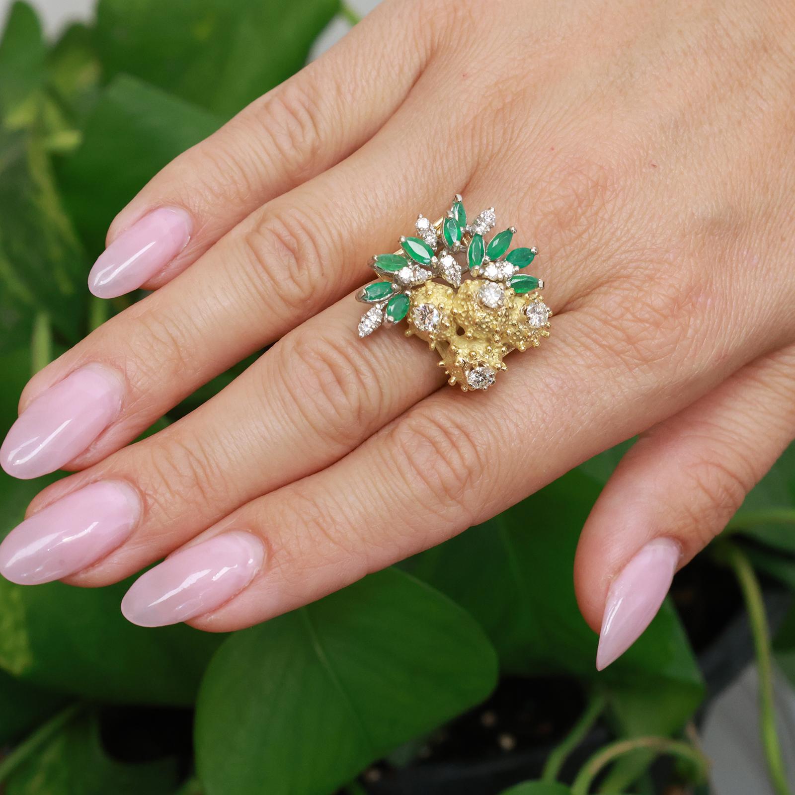 Vintage Two-Tone Gold Natural Emerald Diamond Sculptural Floral Ring 2.30CTW