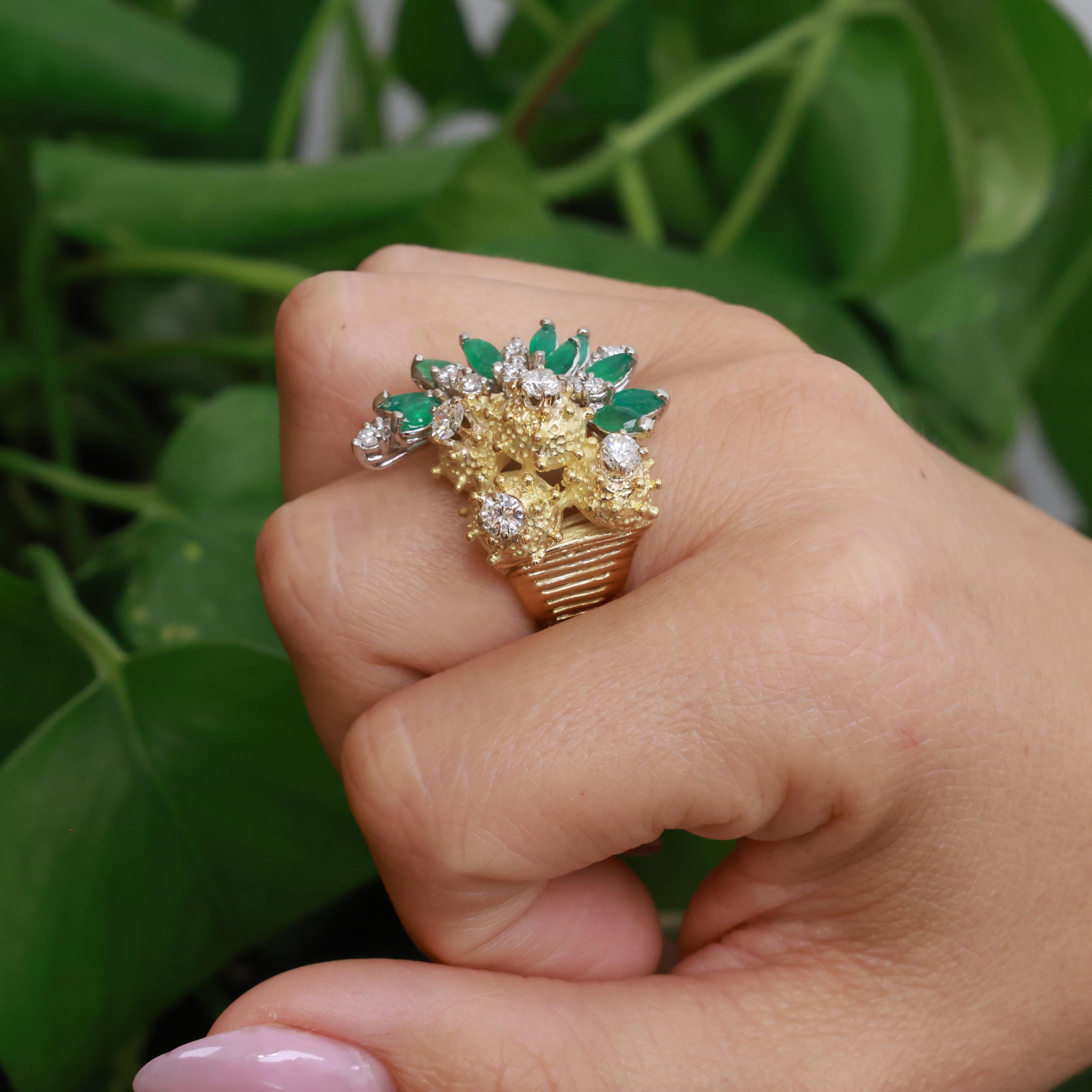 Vintage Two-Tone Gold Natural Emerald Diamond Sculptural Floral Ring 2.30CTW