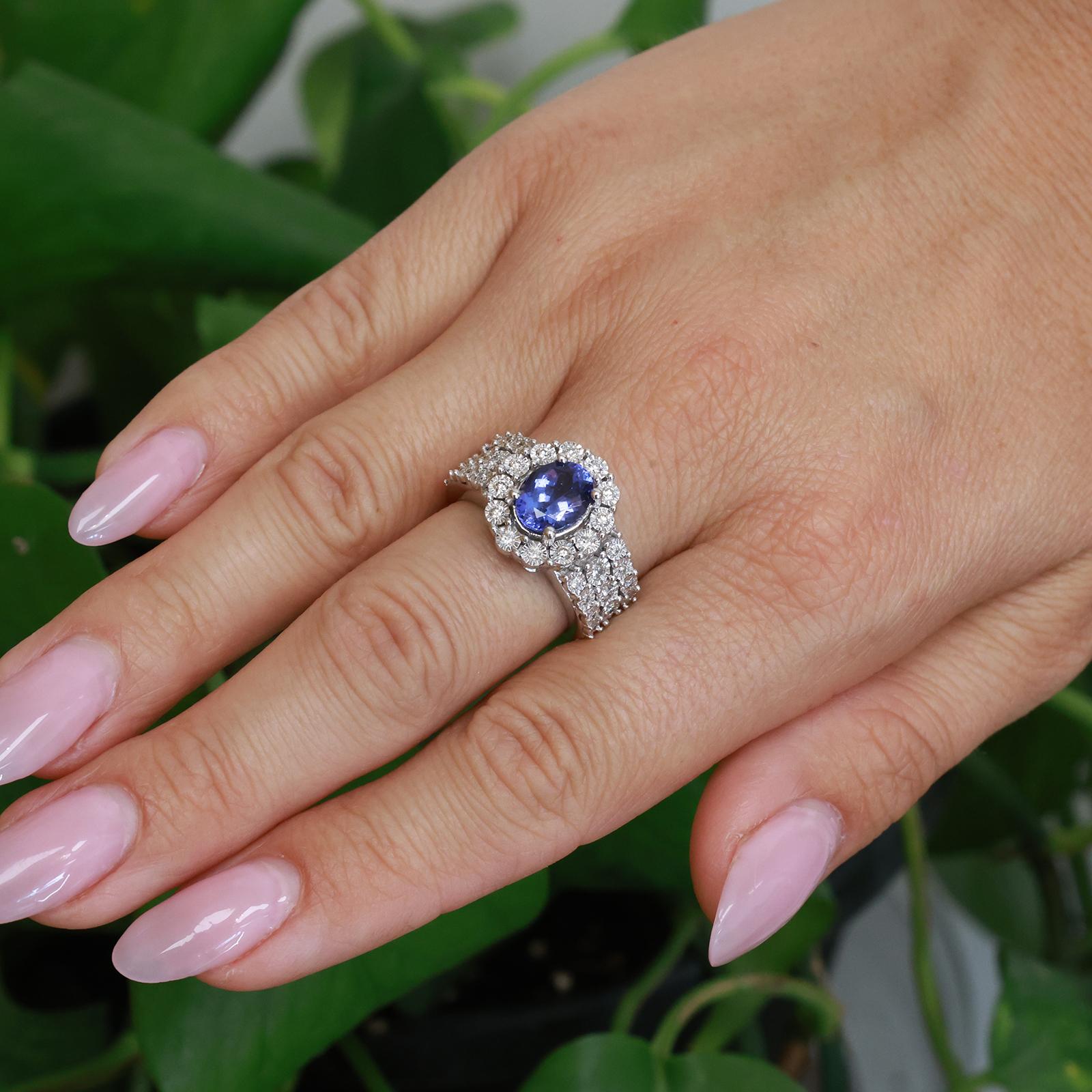 14K White Gold 2.70ctw Tanzanite Diamond Halo Cocktail Ring Size 5.5
