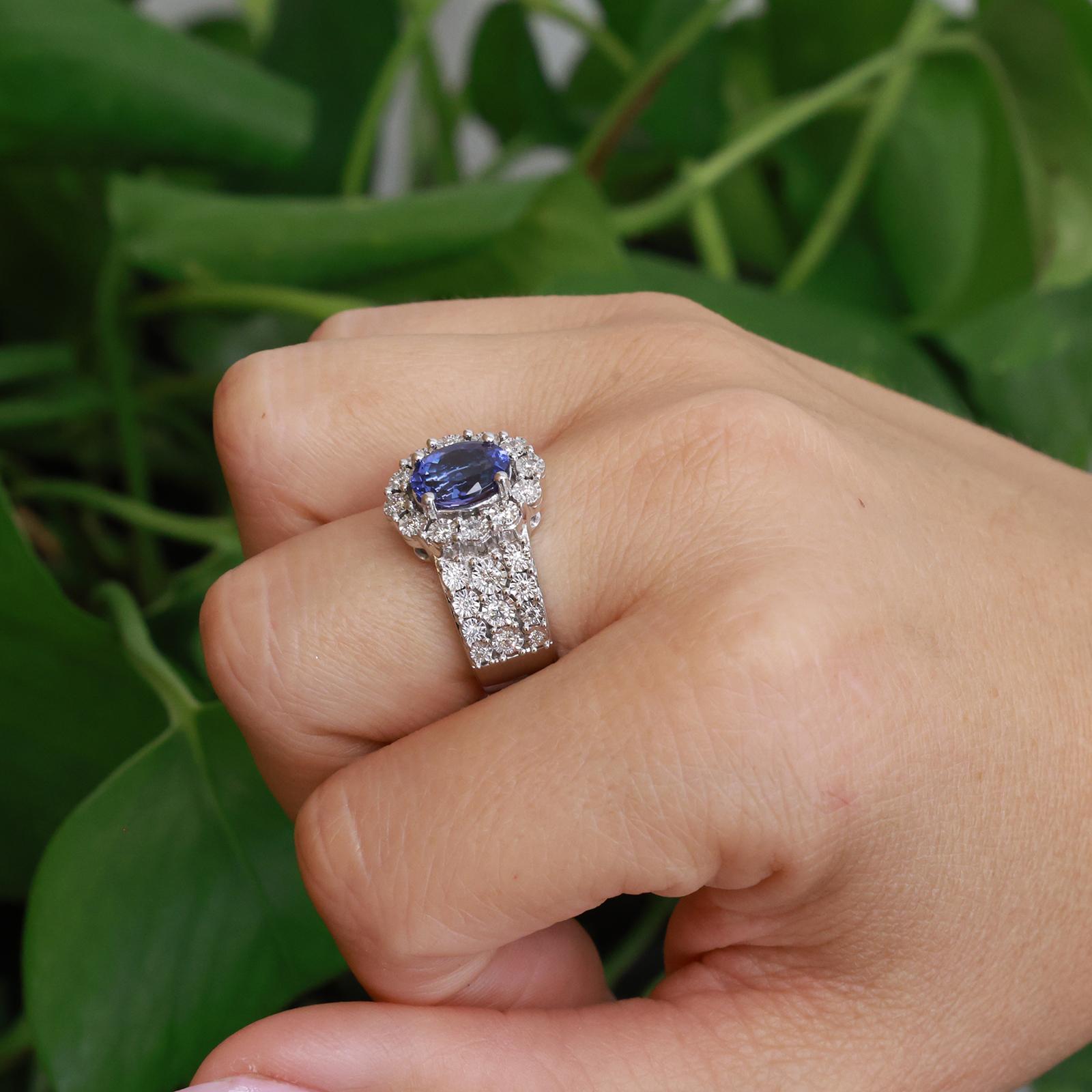 14K White Gold 2.70ctw Tanzanite Diamond Halo Cocktail Ring Size 5.5