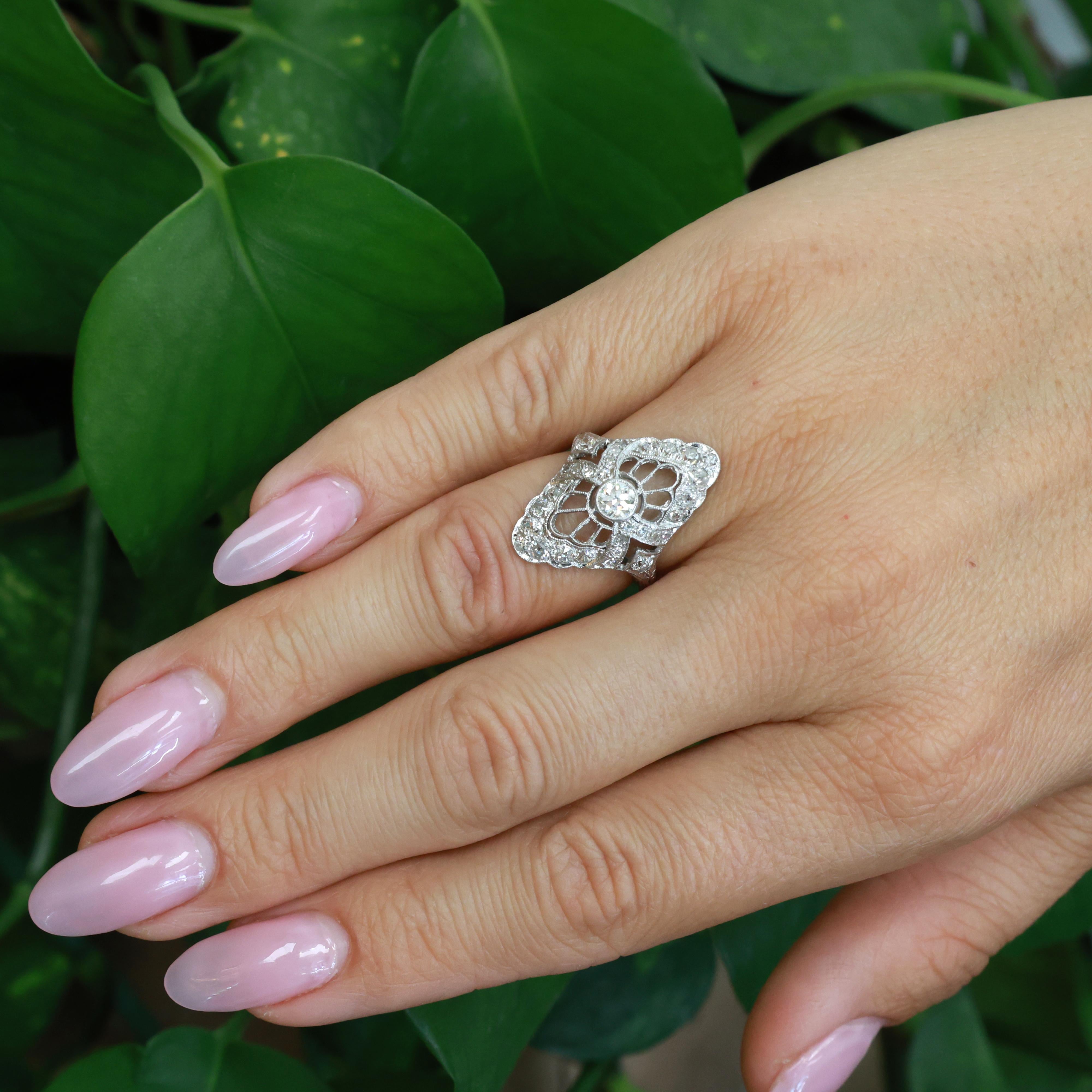 Platinum 1.20ctw Old European Cut Diamond Filigree Navette Dinner Ring Size 5