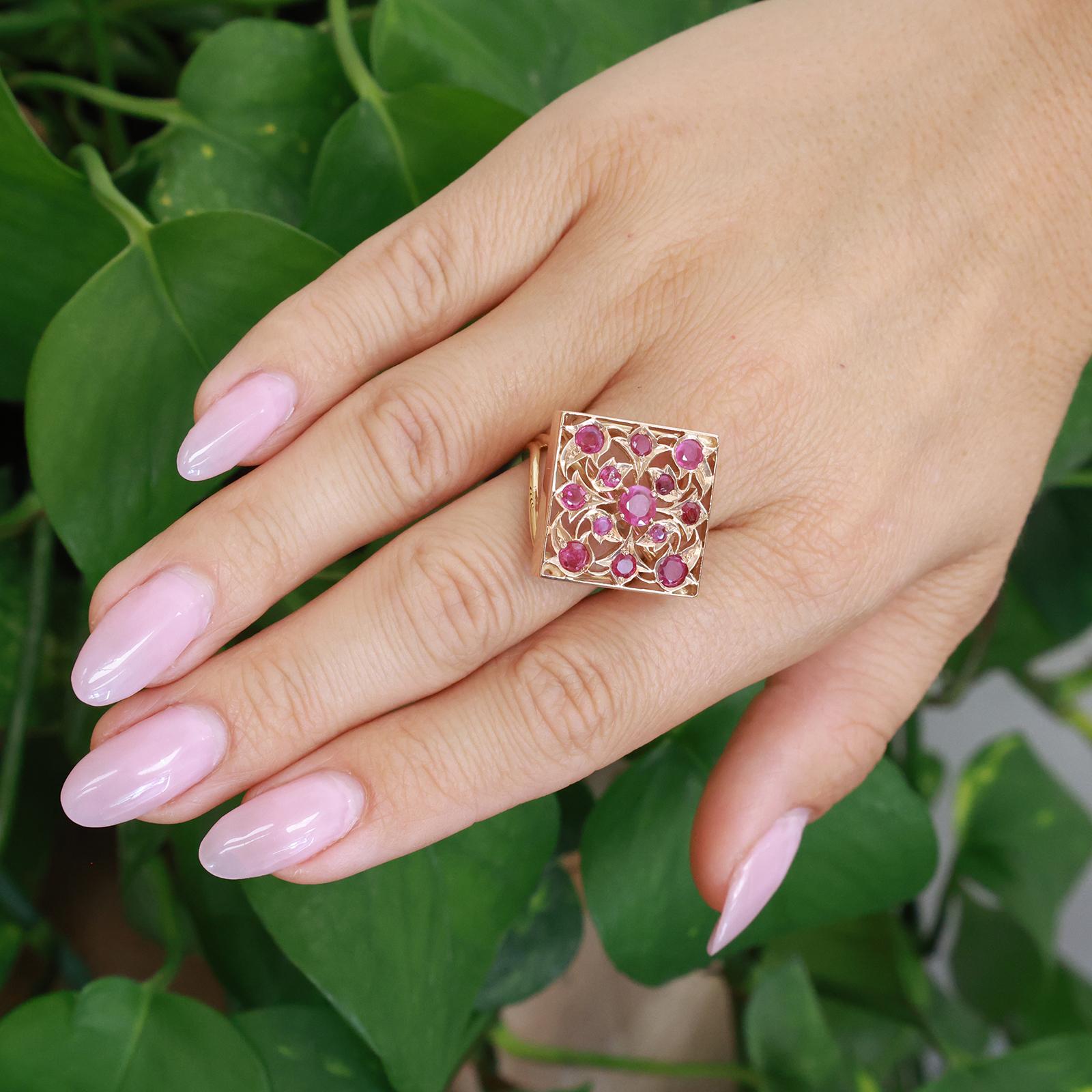 Yellow Gold 1.14ctw Natural Ruby Square Openwork Filigree Cocktail Ring Sz 8.25