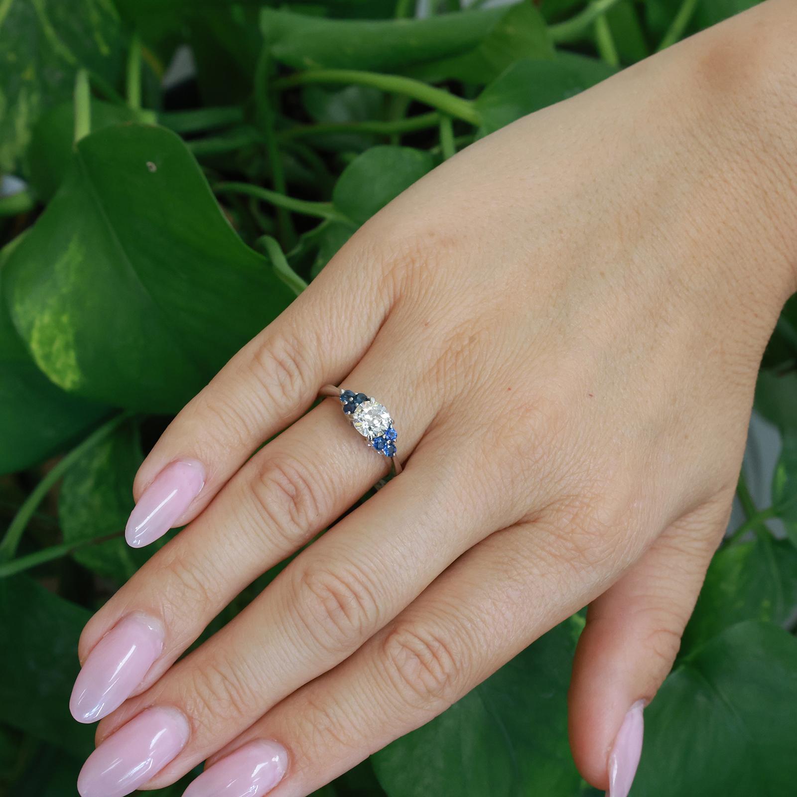 14K White Gold 1.26CTW Diamond Blue Sapphire Engagement Ring Estate Size 7