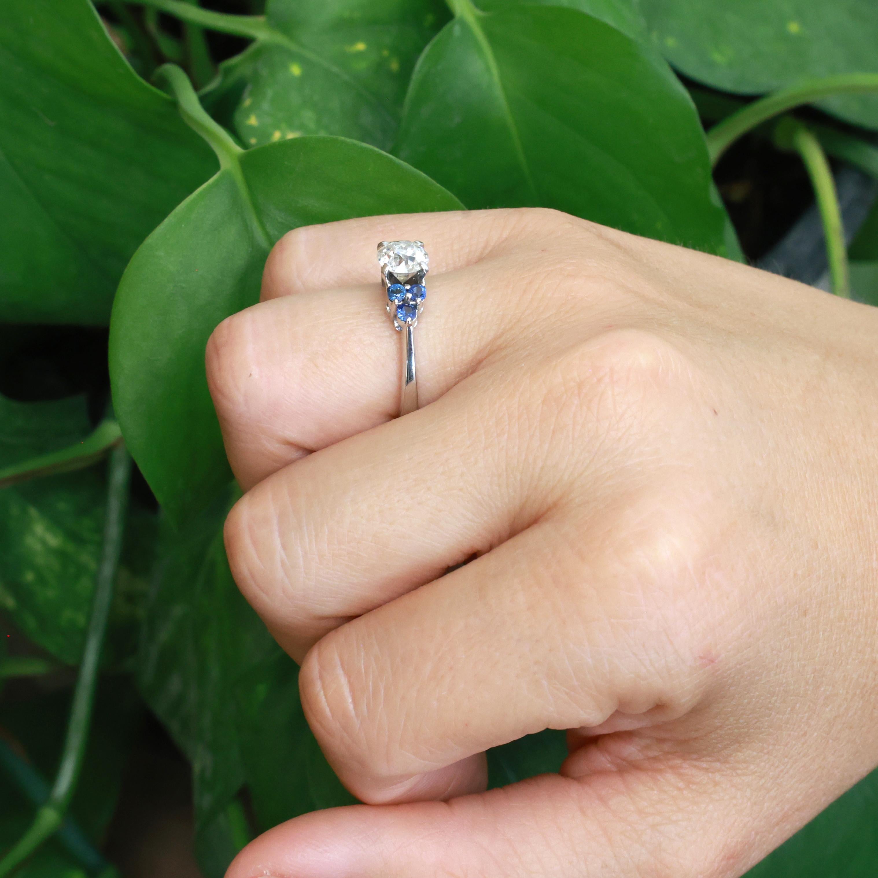 14K White Gold 1.26CTW Diamond Blue Sapphire Engagement Ring Estate Size 7