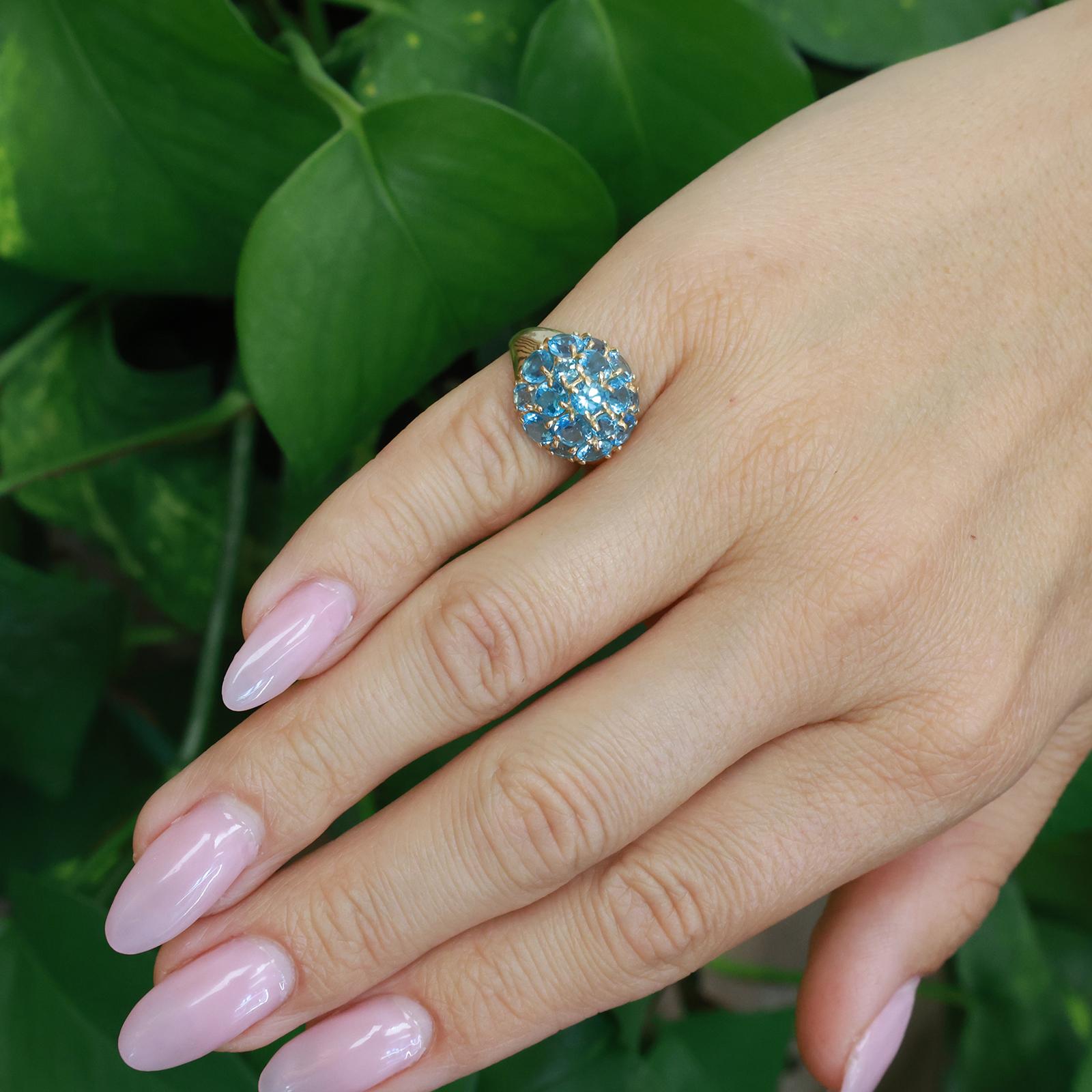 14K Yellow Gold 2.15ctw Blue Topaz Dome Cluster Cocktail Ring Size 3.75