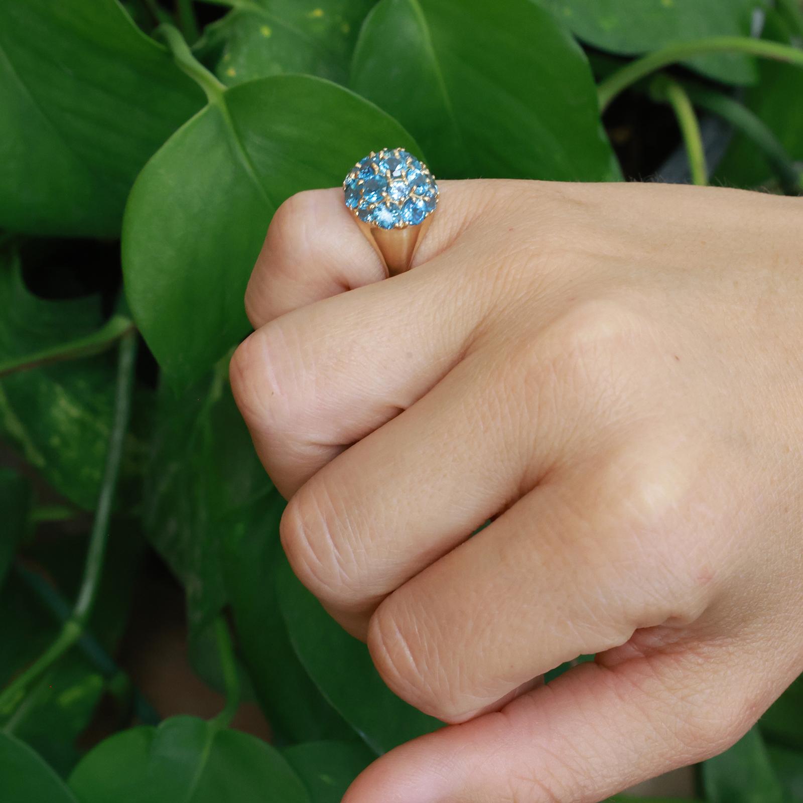 14K Yellow Gold 2.15ctw Blue Topaz Dome Cluster Cocktail Ring Size 3.75