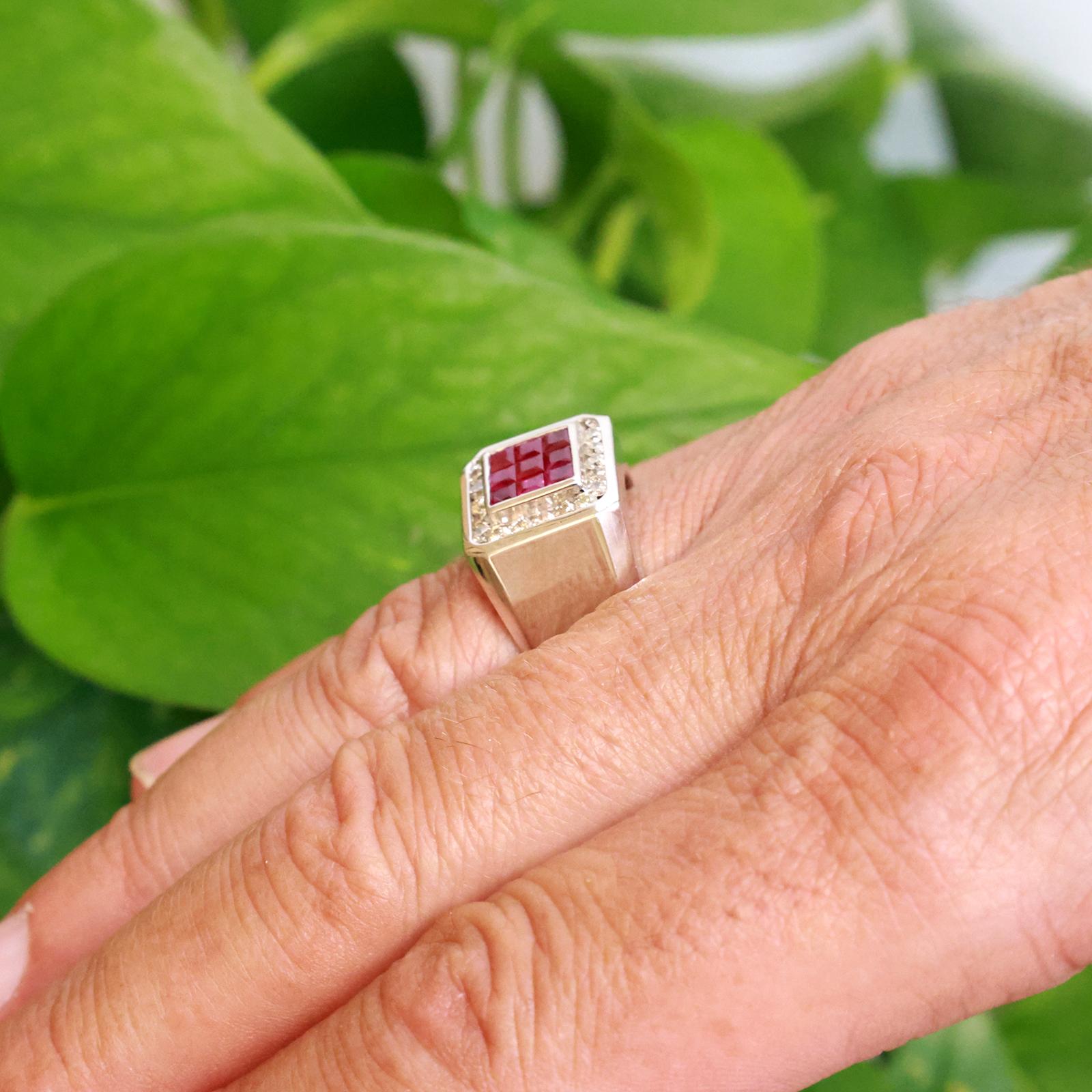 Estate White Gold Ruby Halo Diamond Men's Ring Size 11.5 13.0g