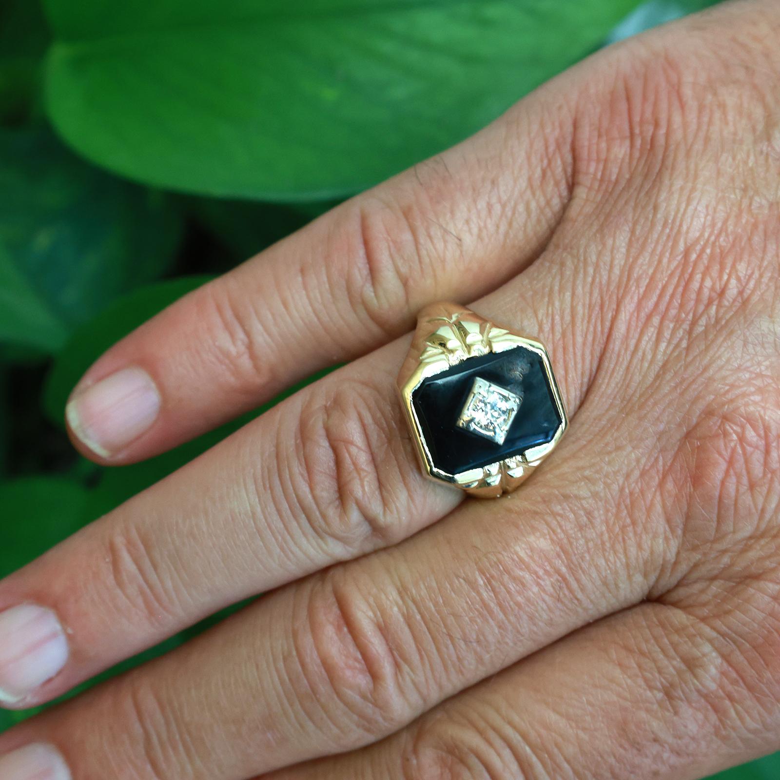 Vintage Two Tone Gold Onyx Old European Cut Diamond Signet Ring Mens Size 11.25
