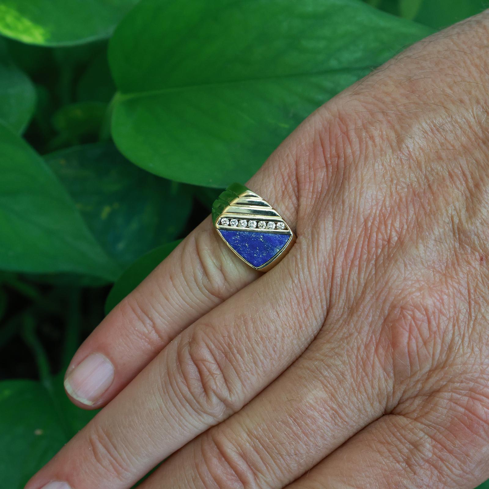 14K Yellow Gold Lapis Lazuli Diamond Signet Ring Men Geometric Size 8.75