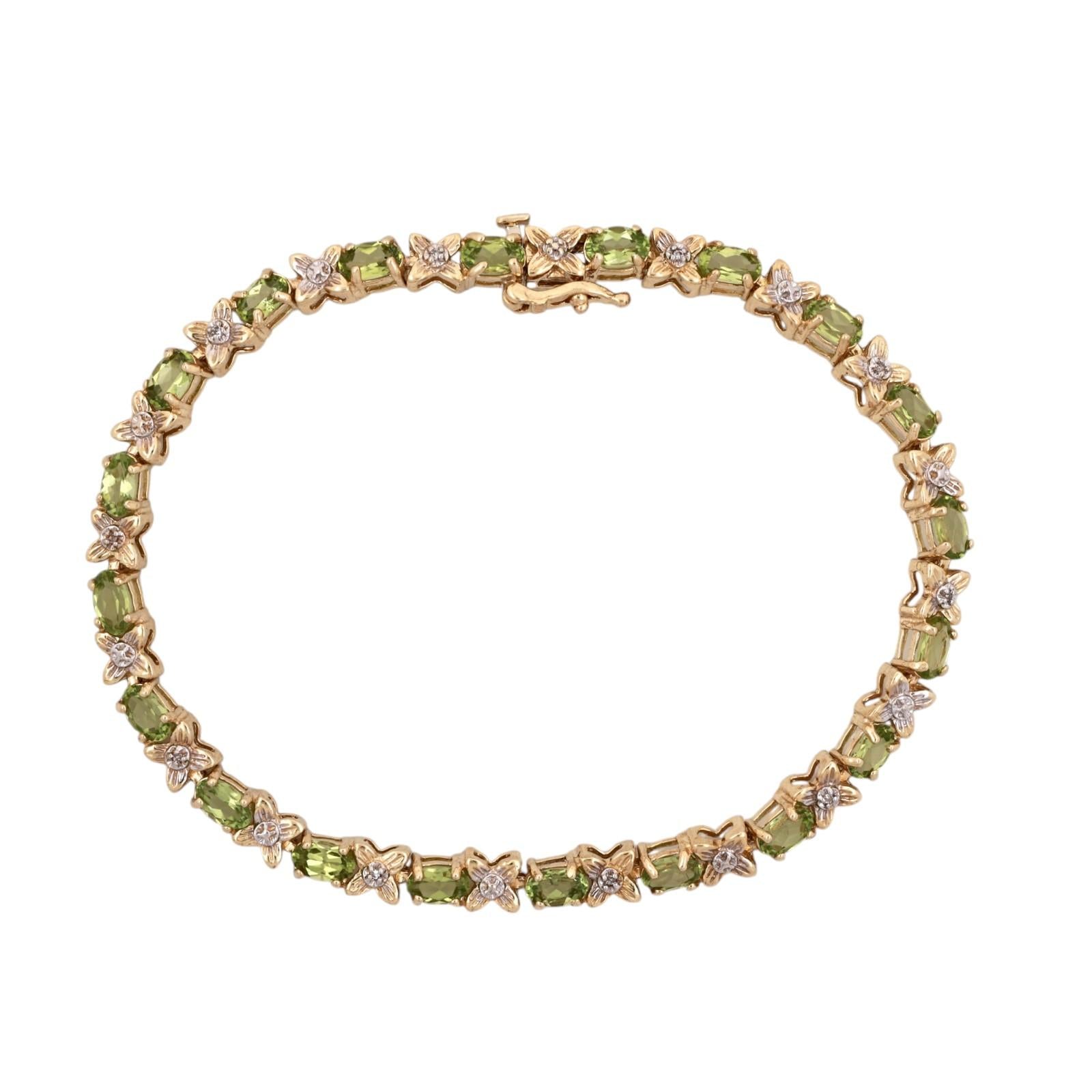 14K Two Tone Gold Peridot Diamond Tennis Bracelet 5.10CTW Floral X Link 7.25"