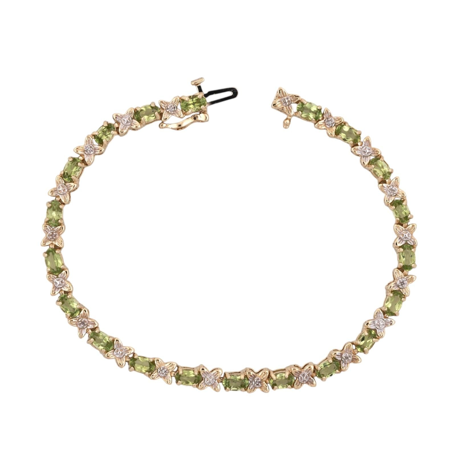 14K Two Tone Gold Peridot Diamond Tennis Bracelet 5.10CTW Floral X Link 7.25"