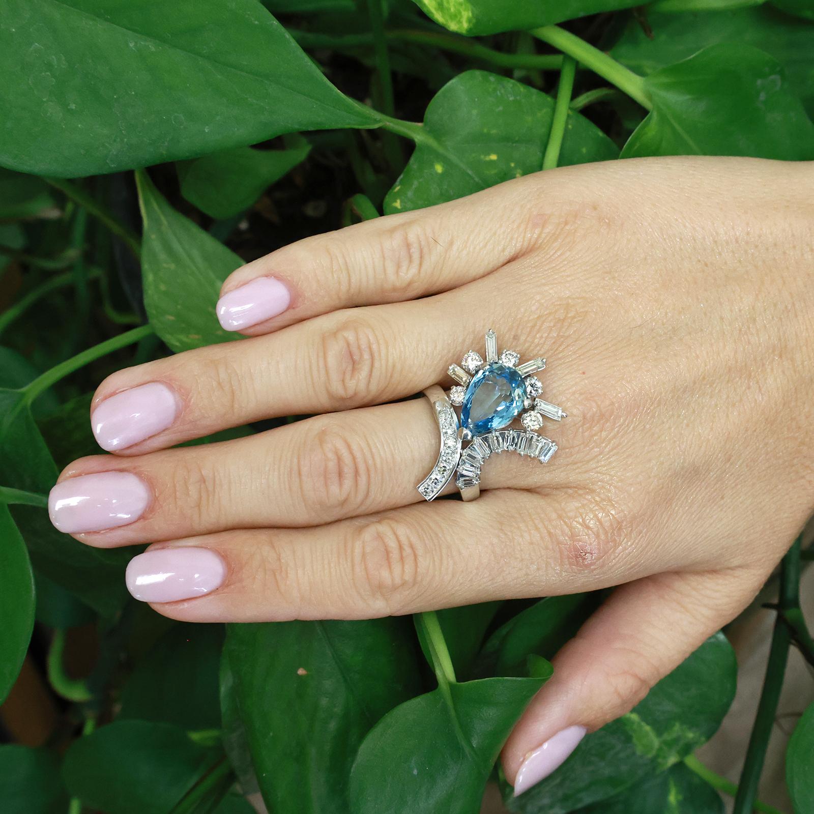 14K White Gold 4.80CT Aquamarine and 1.55CTW Diamond Cocktail Ring Size 9