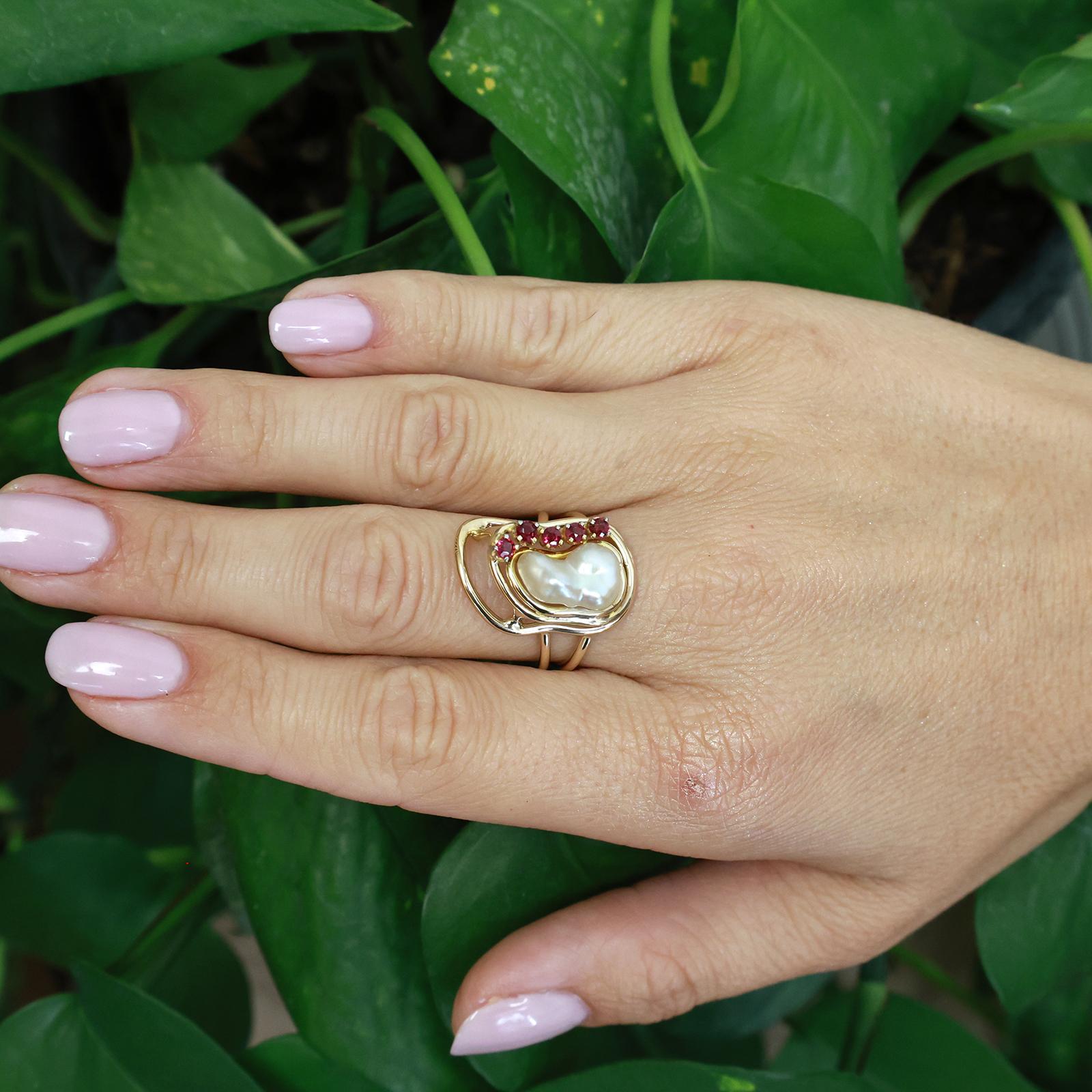 Ruby Pearl Statement Ring Yellow Gold Modern Freeform Estate Size 7.25