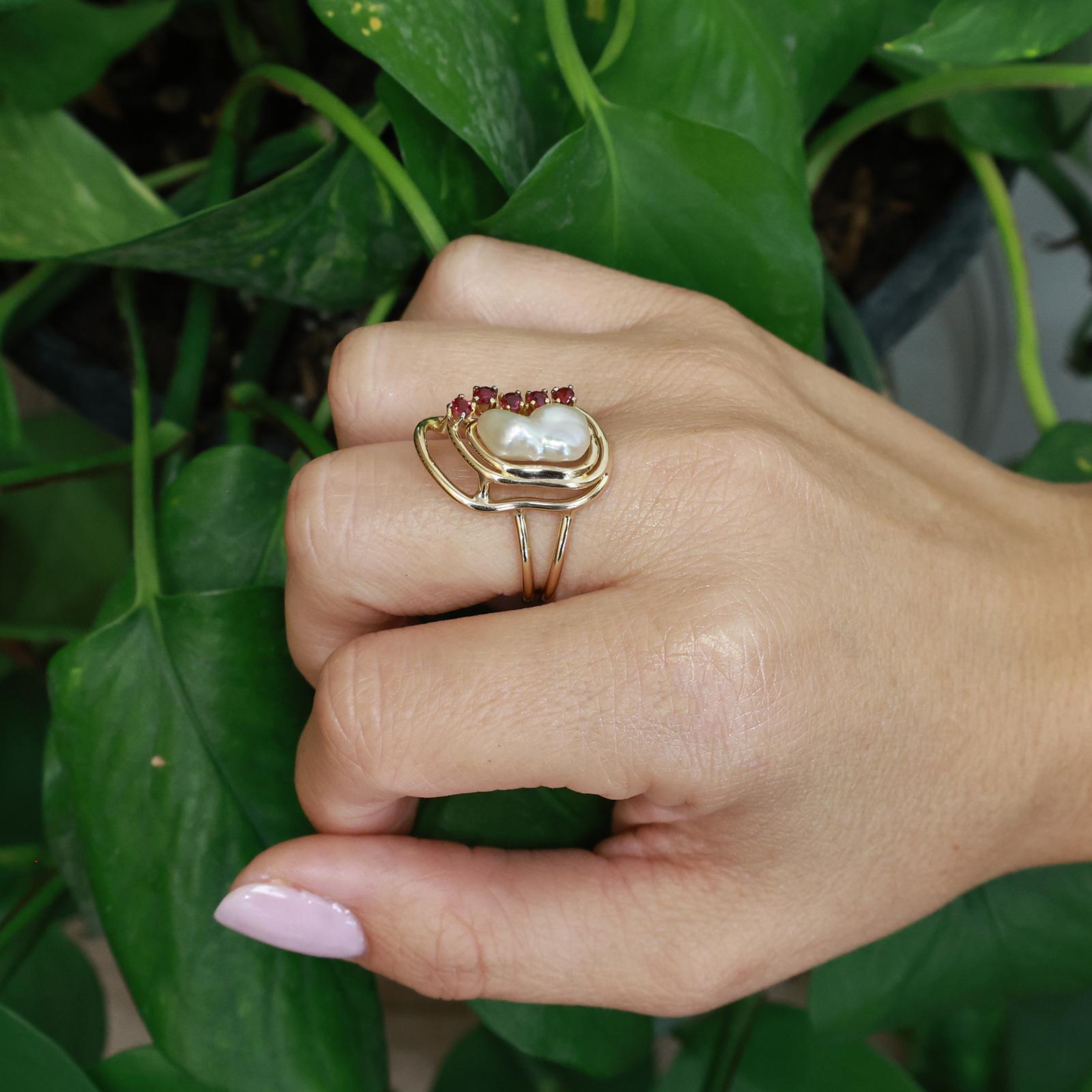 Ruby Pearl Statement Ring Yellow Gold Modern Freeform Estate Size 7.25