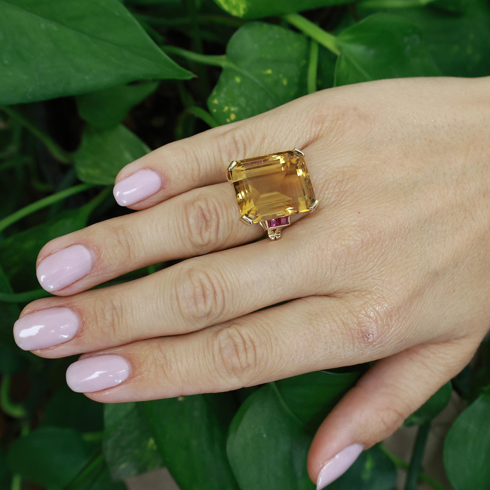 30.00Ct Emerald Cut Citrine Ruby Accent Cocktail Ring 14K Yellow Gold Size 5.75