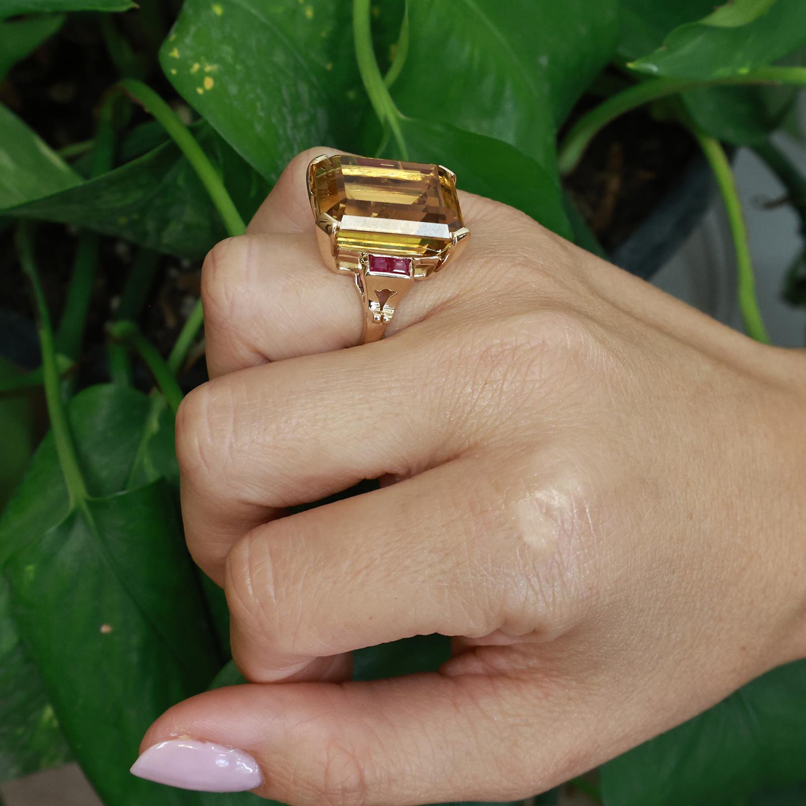 30.00Ct Emerald Cut Citrine Ruby Accent Cocktail Ring 14K Yellow Gold Size 5.75