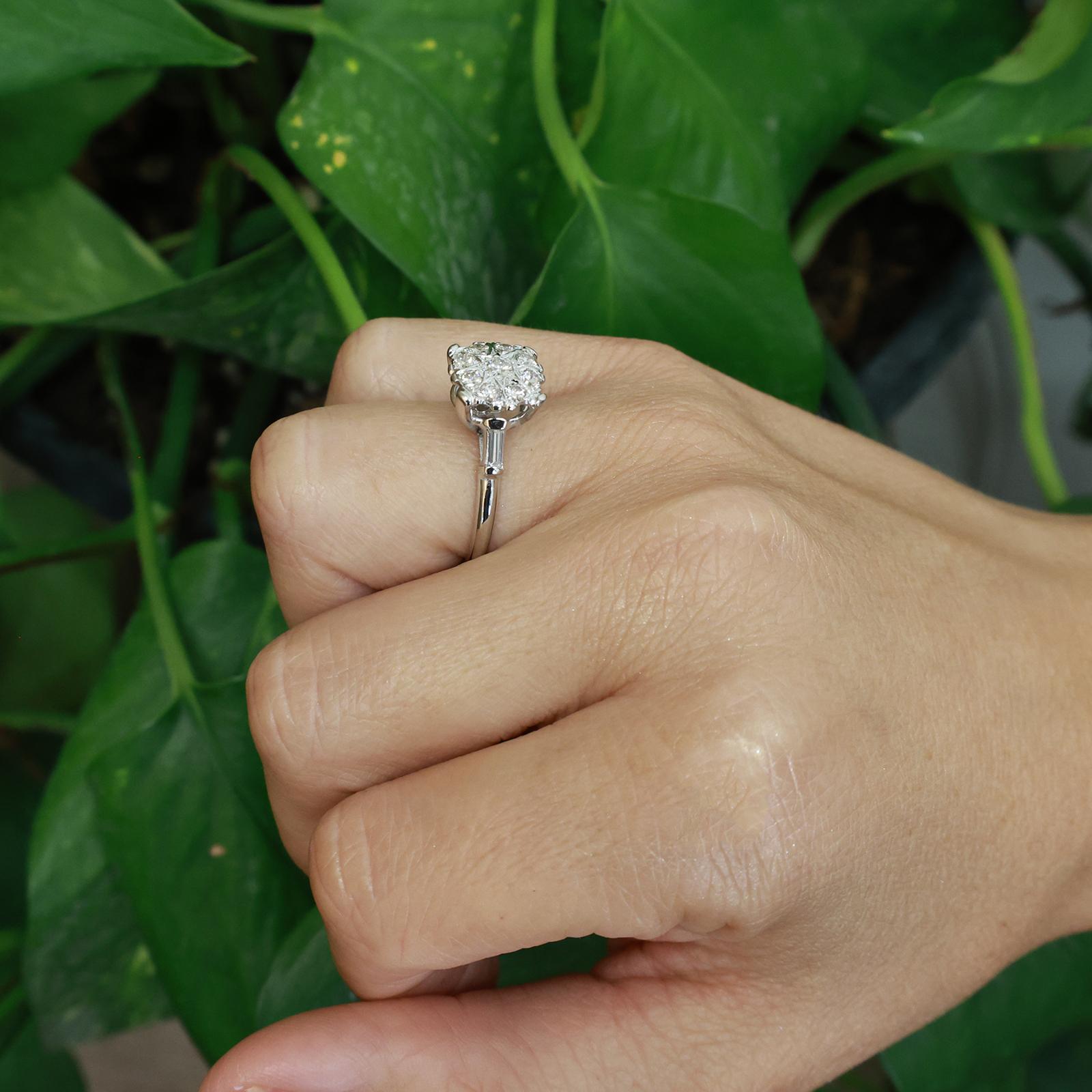 14K White Gold 0.70CTW Diamond Cluster Ring Baguette Accents Size 6.75