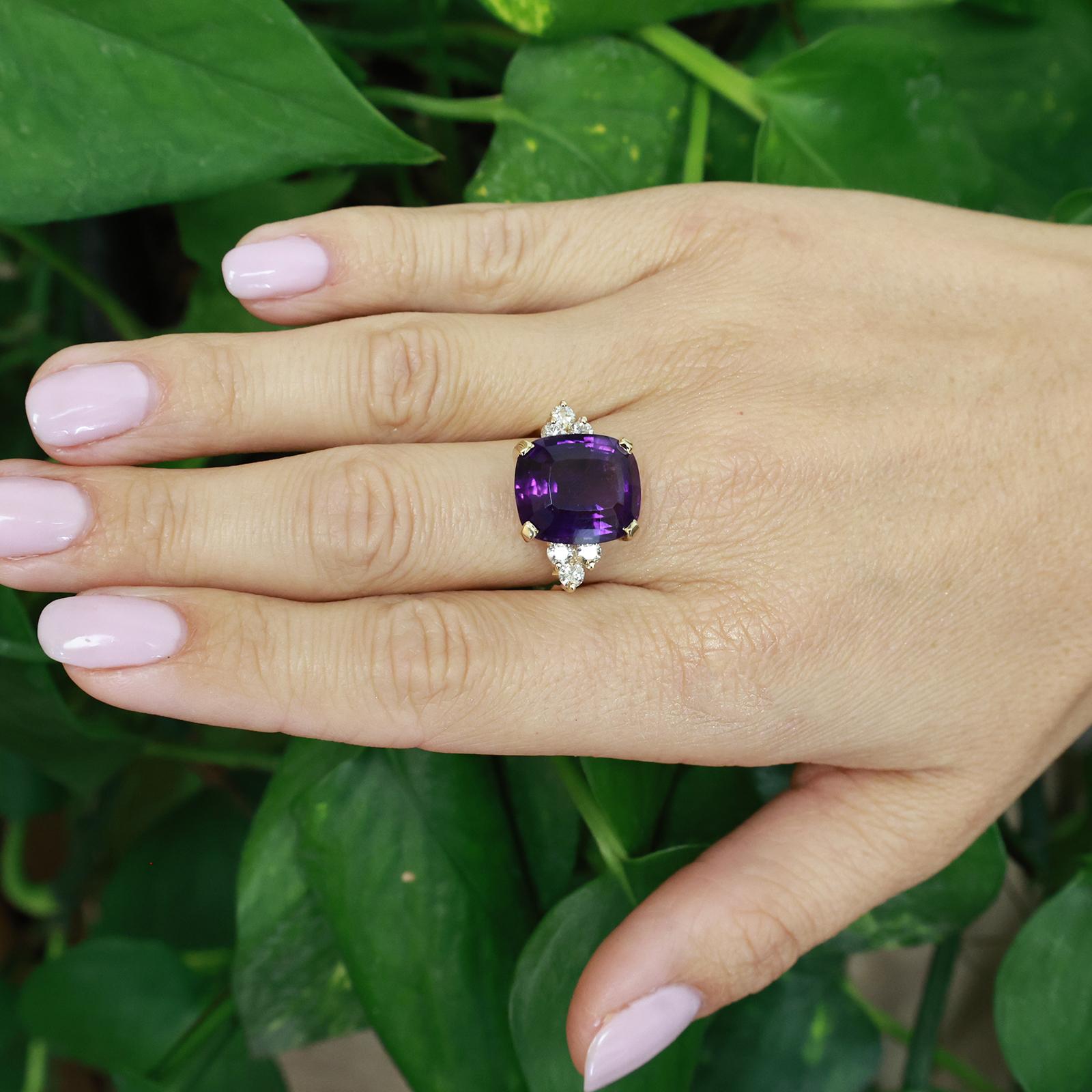 14K Yellow Gold 12.90CTW Antique Cushion Cut Amethyst Diamond Ring Size 9 Estate