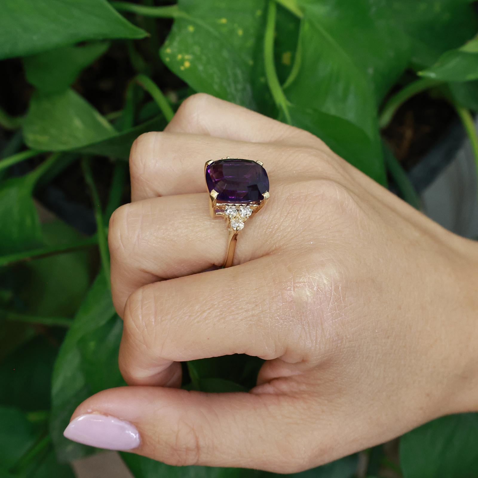 14K Yellow Gold 12.90CTW Antique Cushion Cut Amethyst Diamond Ring Size 9 Estate