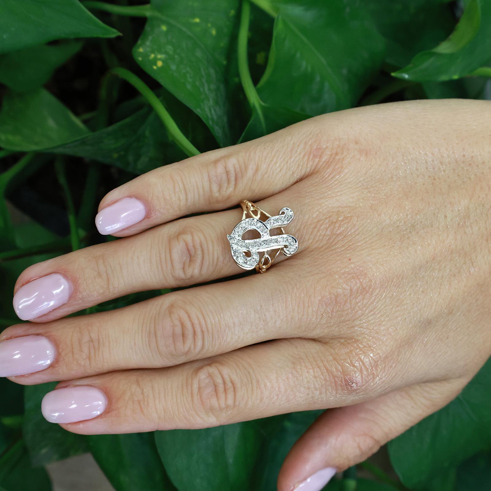 14K Two-Tone Gold Diamond Initial R Ring 0.45CTW Letter Monogram Size 6.5
