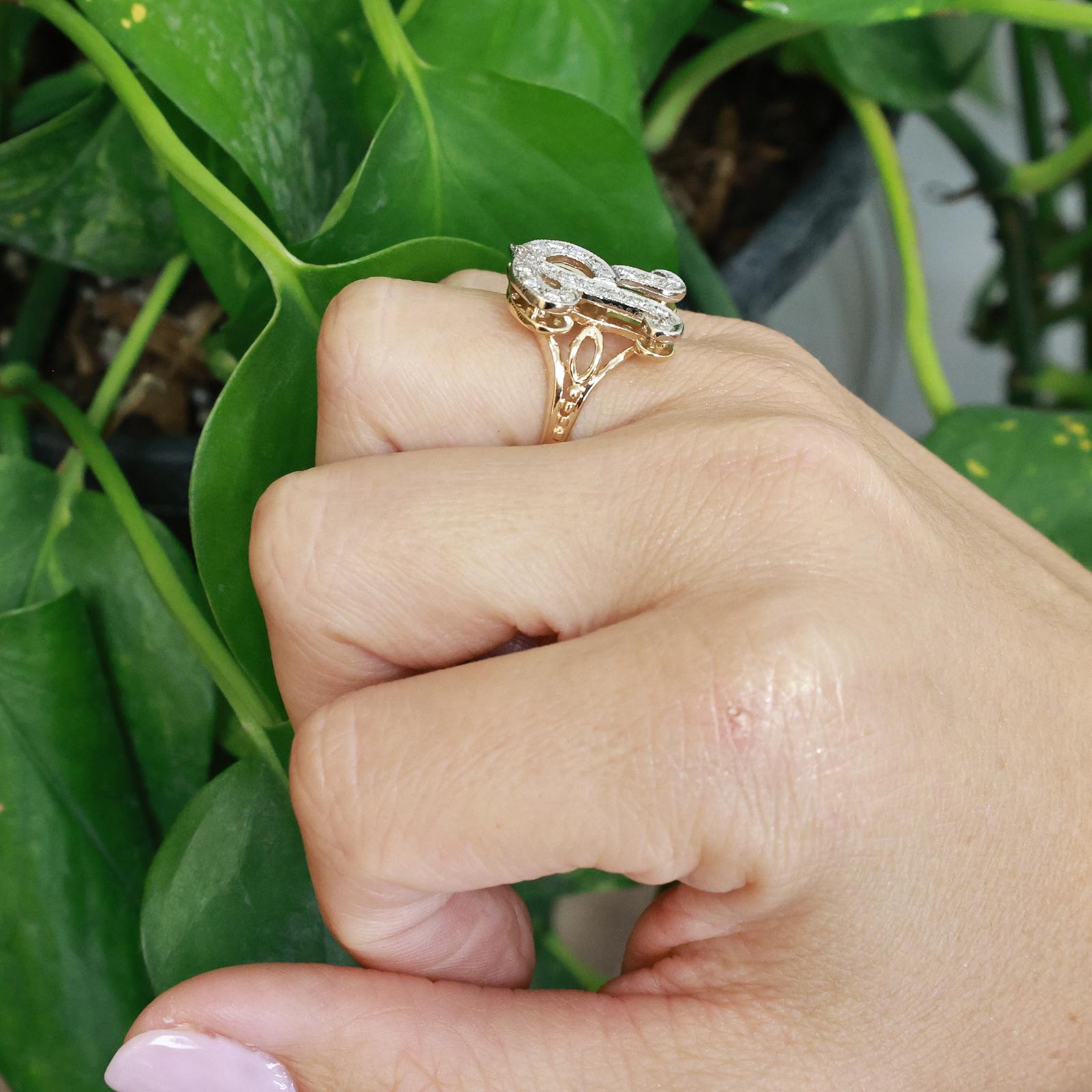 14K Two-Tone Gold Diamond Initial R Ring 0.45CTW Letter Monogram Size 6.5