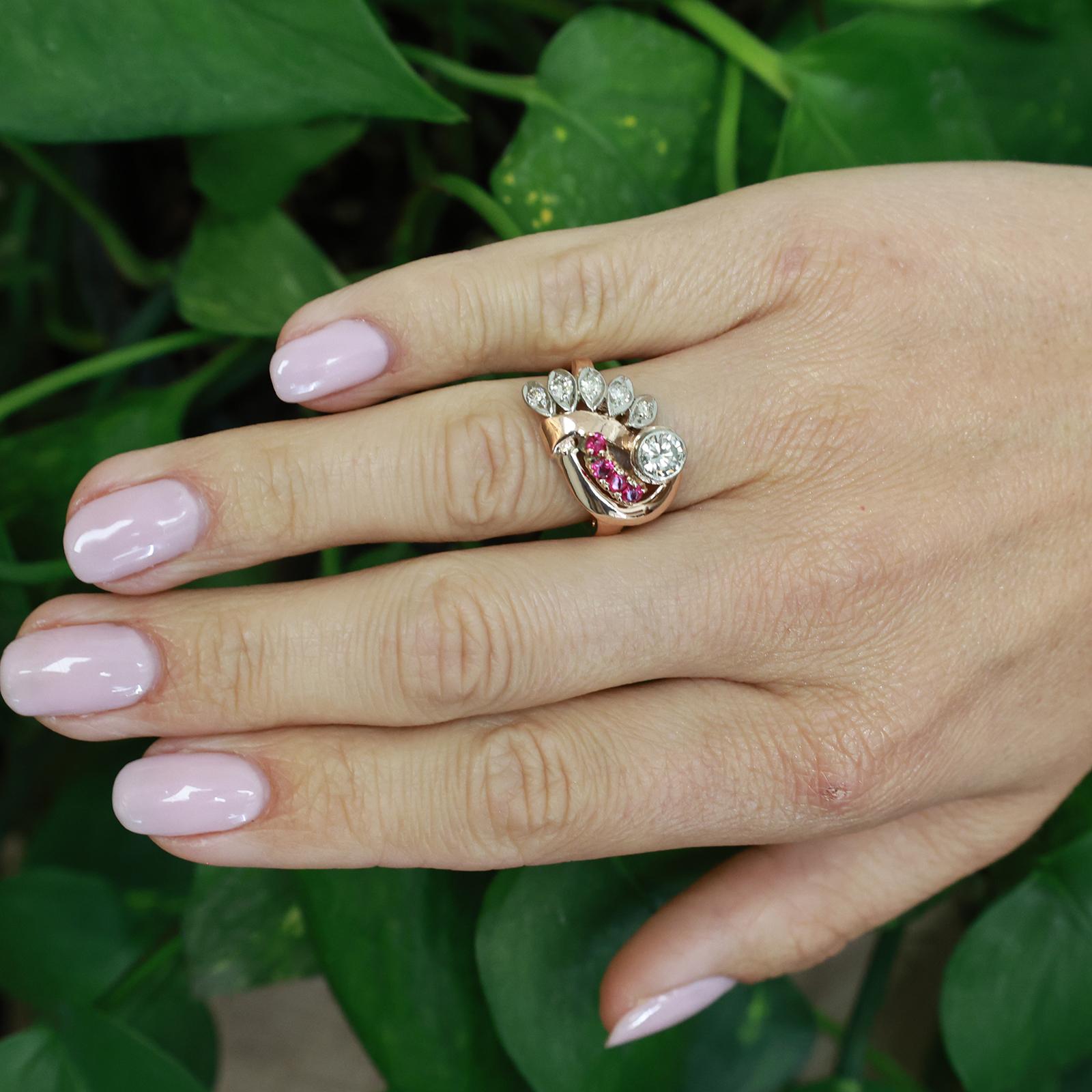 1940s Retro Vintage Diamond & Lab Grown Ruby Cocktail Ring Two Tone Gold Size 6
