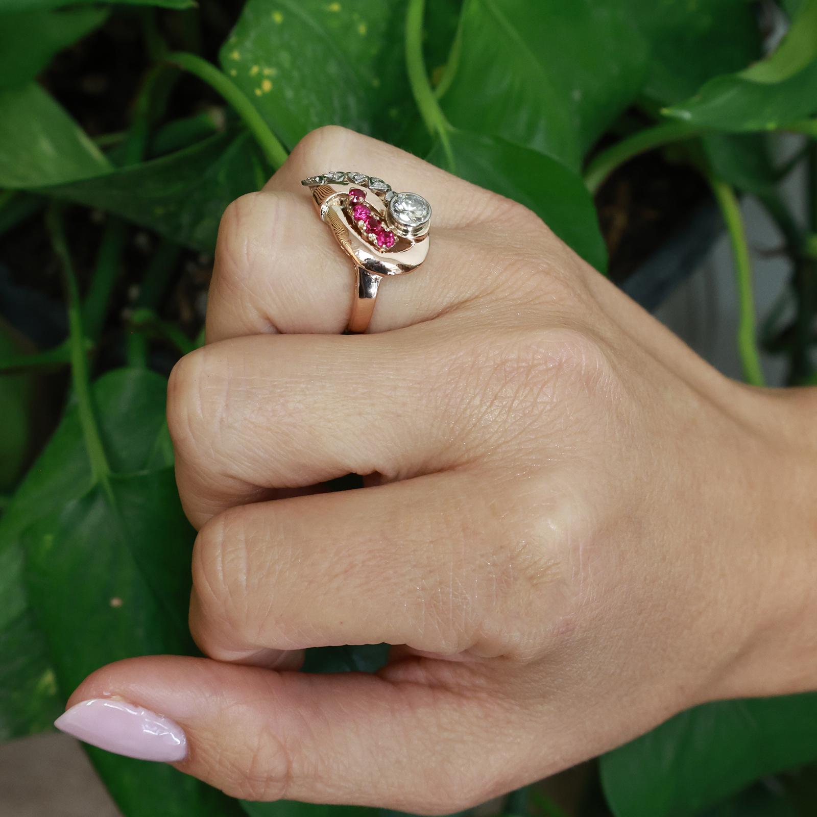 1940s Retro Vintage Diamond & Lab Grown Ruby Cocktail Ring Two Tone Gold Size 6