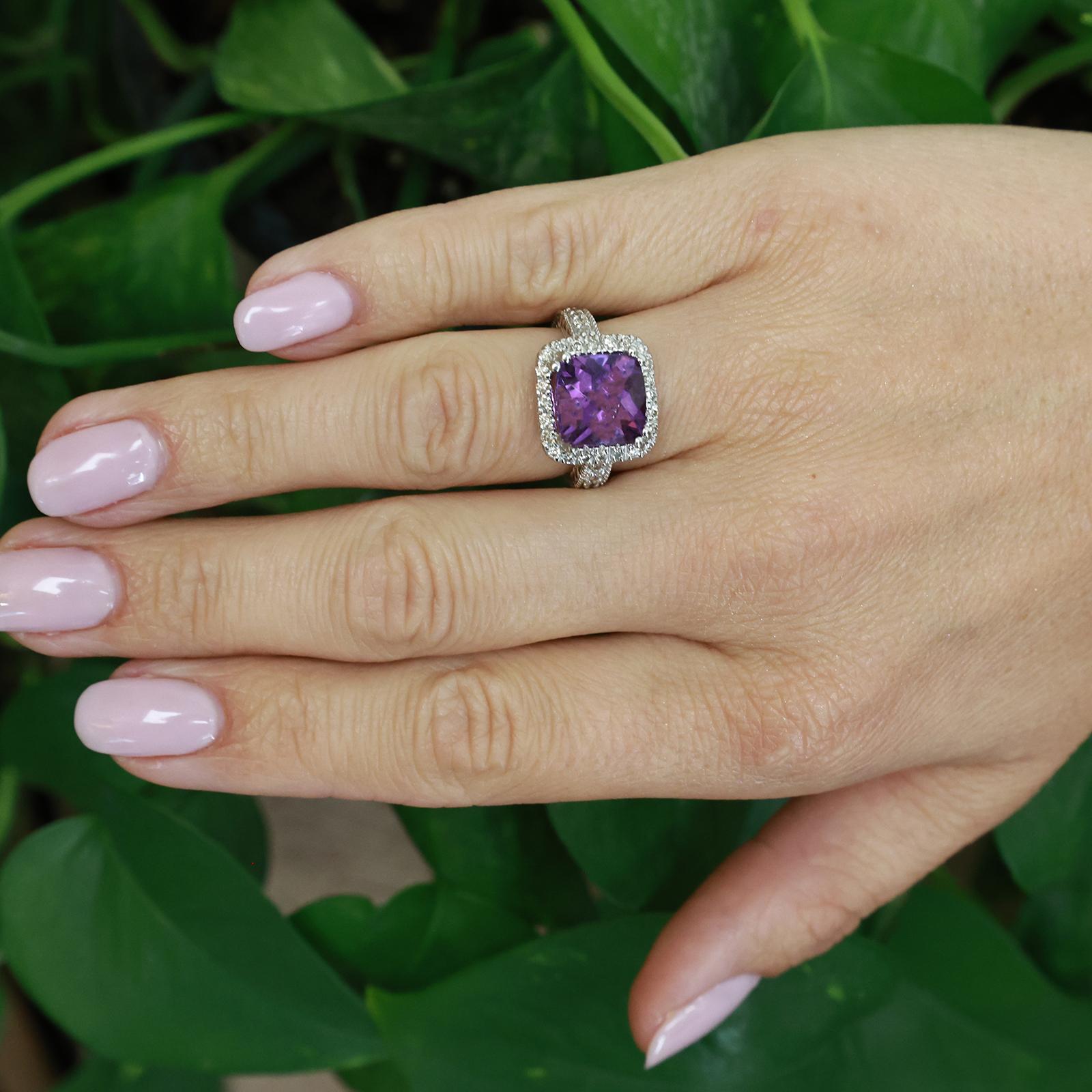 14K White Gold 4.10CTW Cushion Cut Amethyst Diamond Halo Ring Size 5