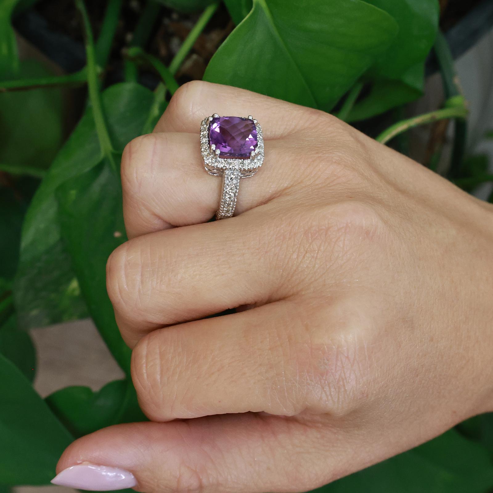 14K White Gold 4.10CTW Cushion Cut Amethyst Diamond Halo Ring Size 5