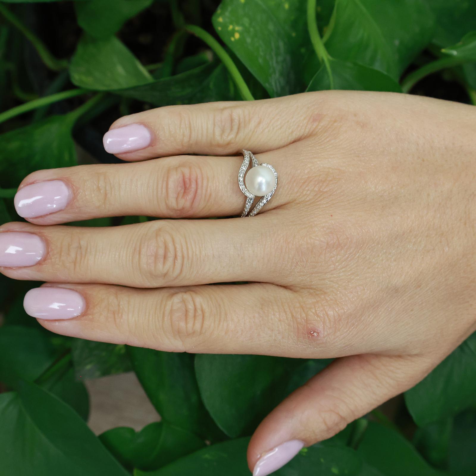 Akoya Pearl Diamond Bypass Ring 14K White Gold Estate Size 6.5 8.25mm