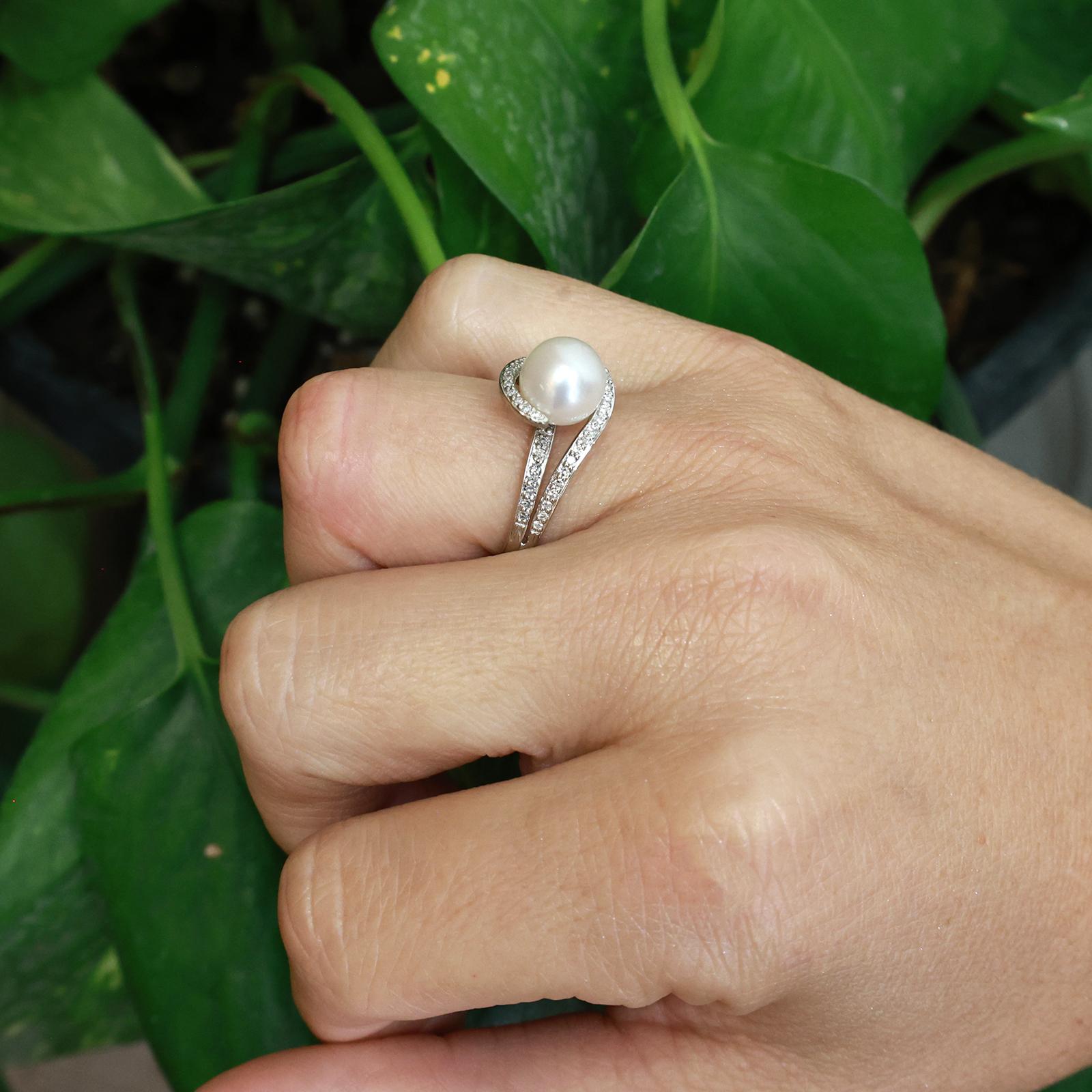Akoya Pearl Diamond Bypass Ring 14K White Gold Estate Size 6.5 8.25mm