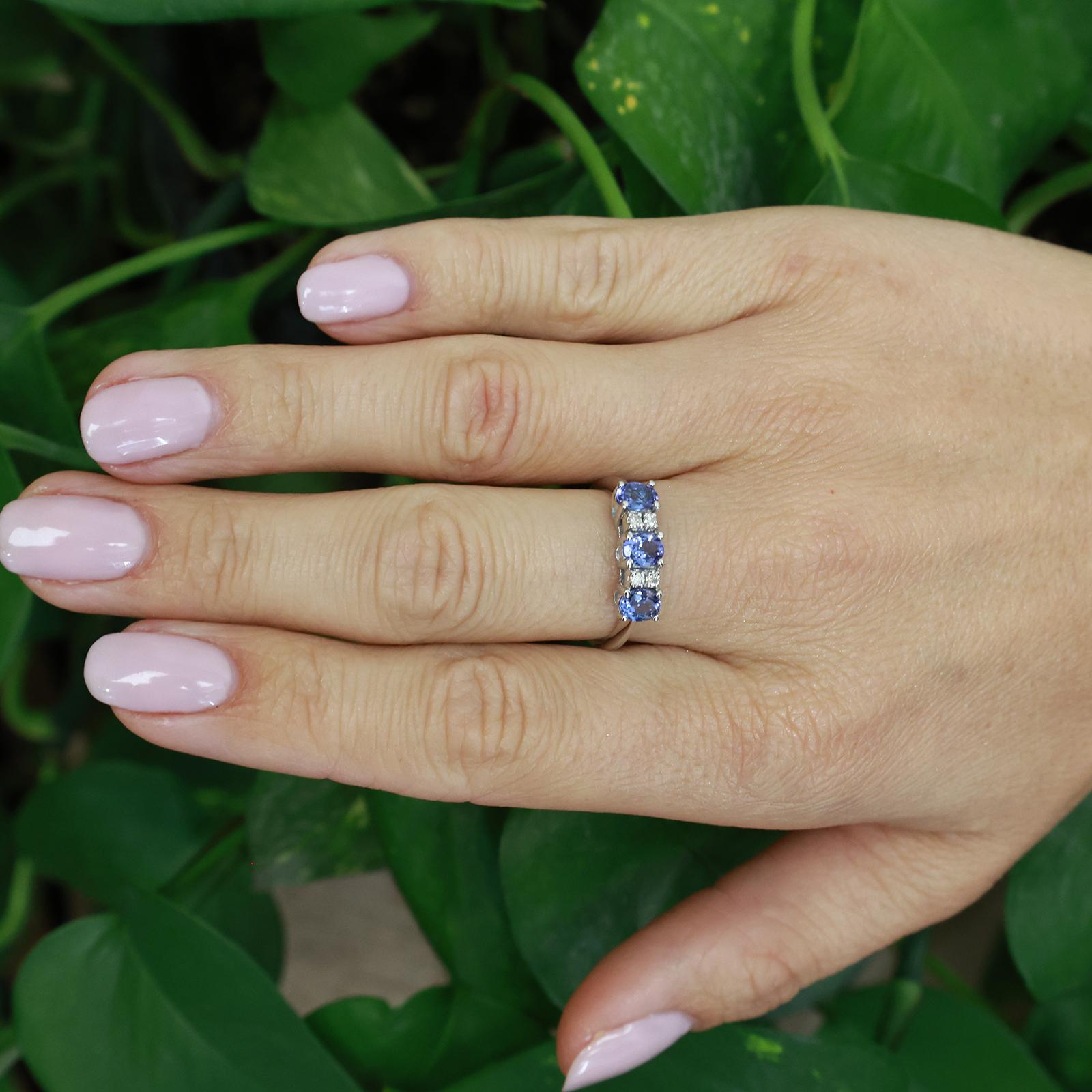 3 Stone Tanzanite Diamond Ring 14K White Gold 0.83 CTW Size 7 Estate