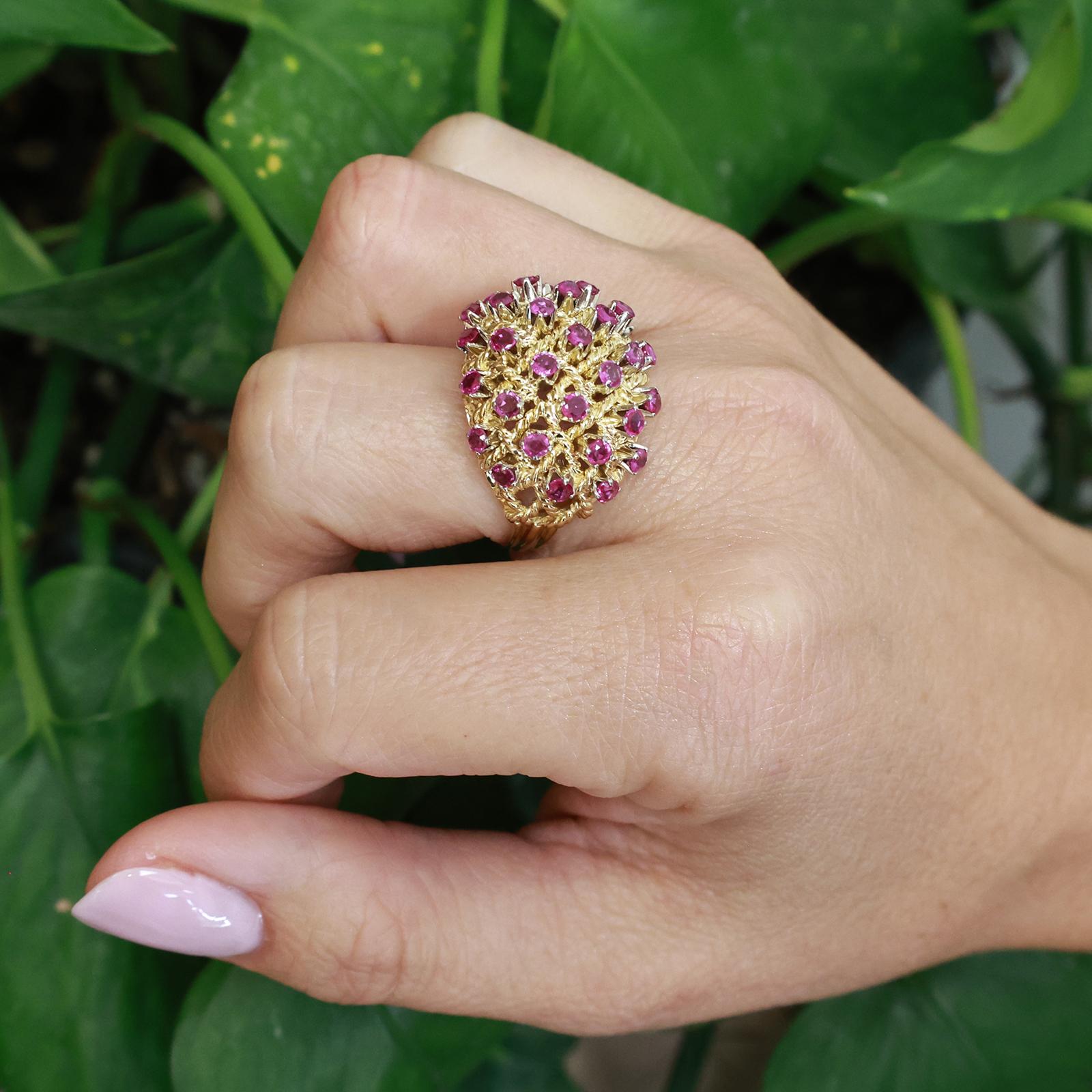 Pink Sapphire Bombe Cocktail Ring Yellow Gold 2.48CT Estate Vintage Size 8.25