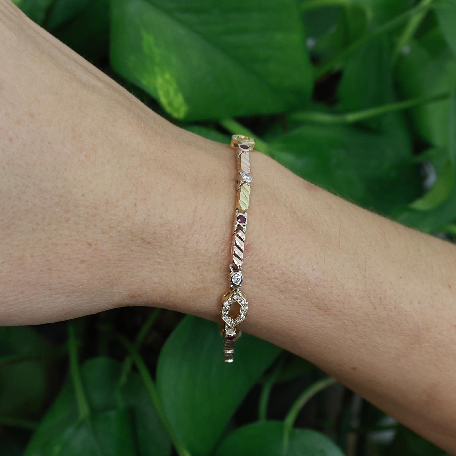 18K Tri Tone Gold Ruby Diamond Tennis Bracelet 7" Estate 0.93CTW