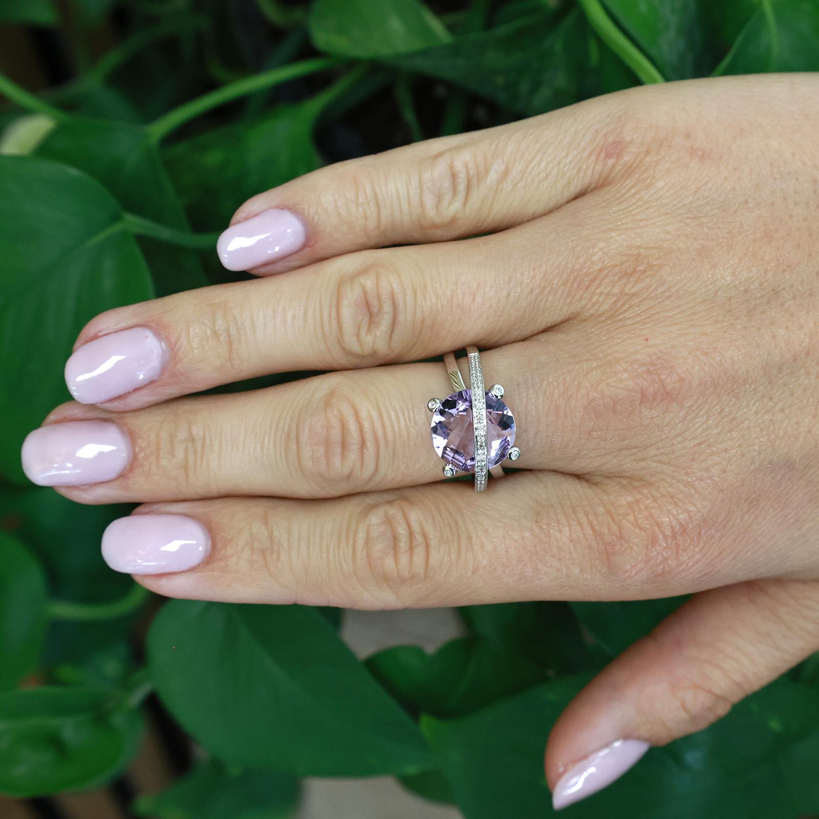 6.50Ct Checkerboard Amethyst Diamond Bypass Ring 14K White Gold Size 7.25