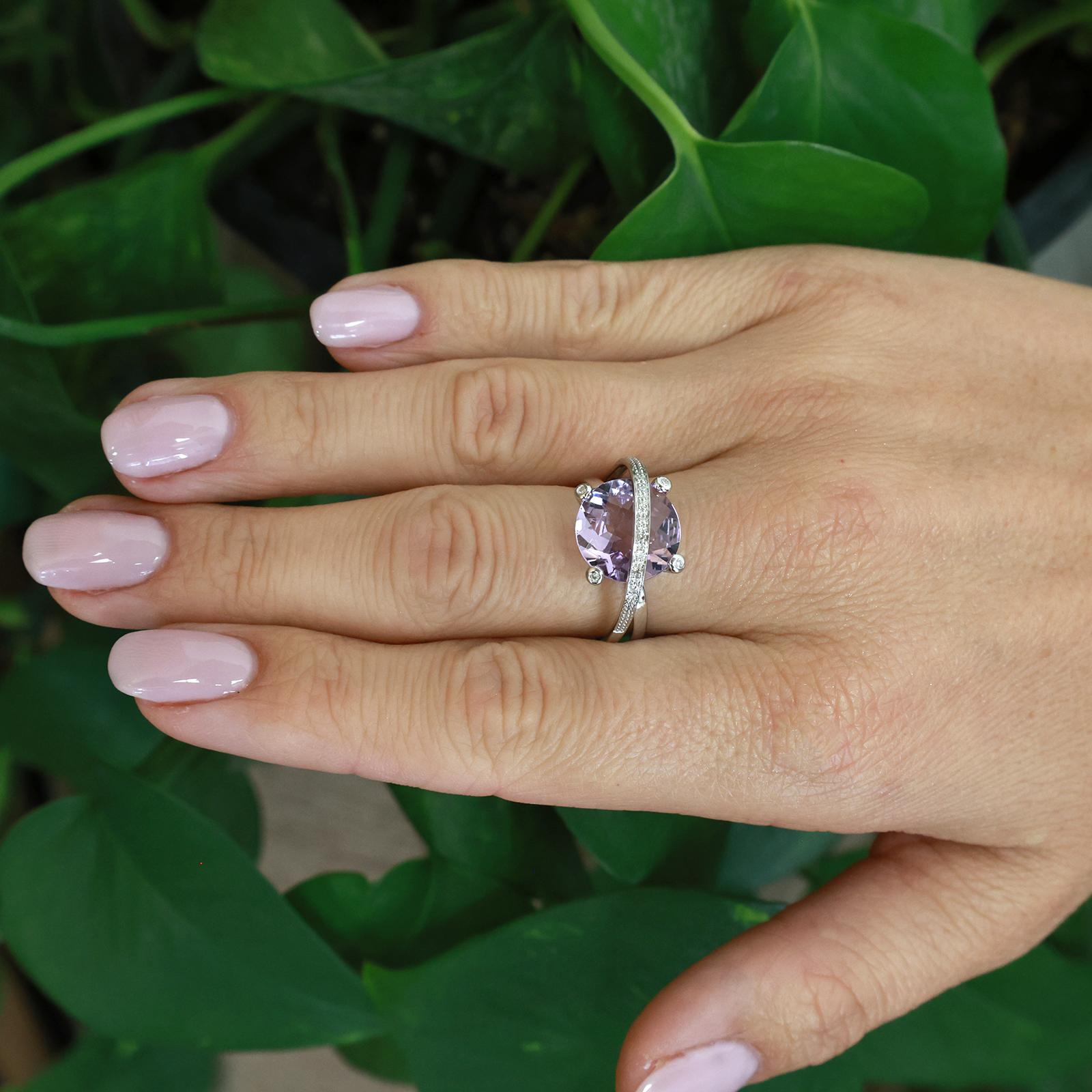 6.50Ct Checkerboard Amethyst Diamond Bypass Ring 14K White Gold Size 7.25